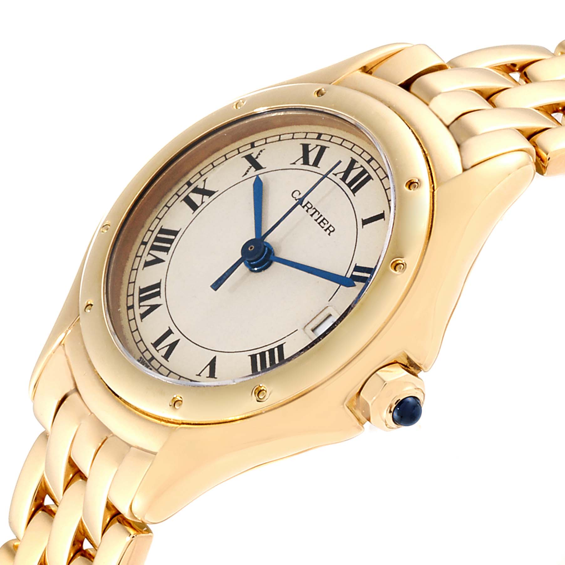 This image shows a close-up angle of the Cartier Panthere 887906 Women's Yellow Gold Silver Dial 887906 Women's Yellow Gold Silver Dial model, highlighting the face, bezel, and part of the bracelet.