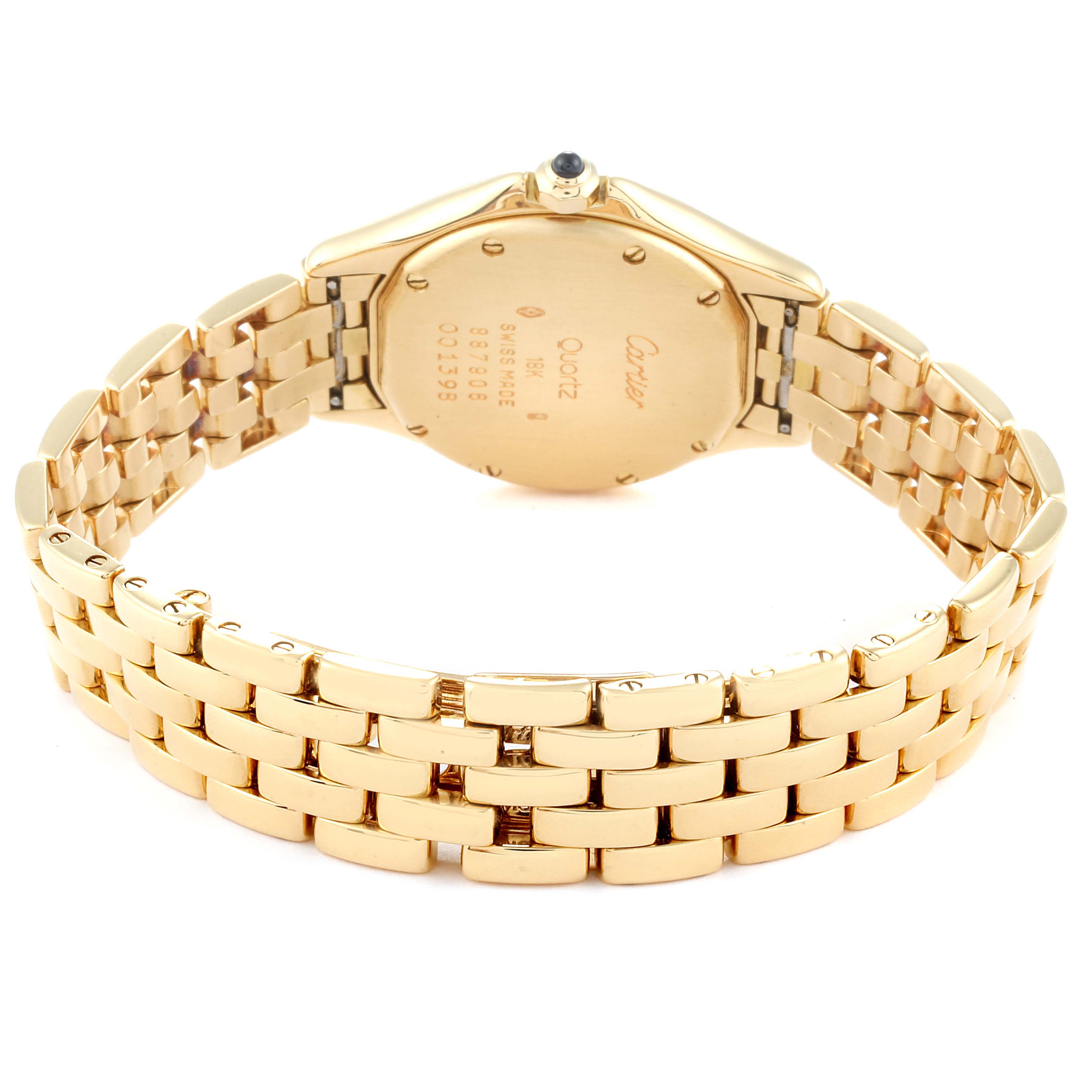 The image shows the back and bracelet of a Cartier Panthere 887906 Women's Yellow Gold Silver Dial 887906 Women's Yellow Gold Silver Dial model watch, highlighting the gold case and linked band.