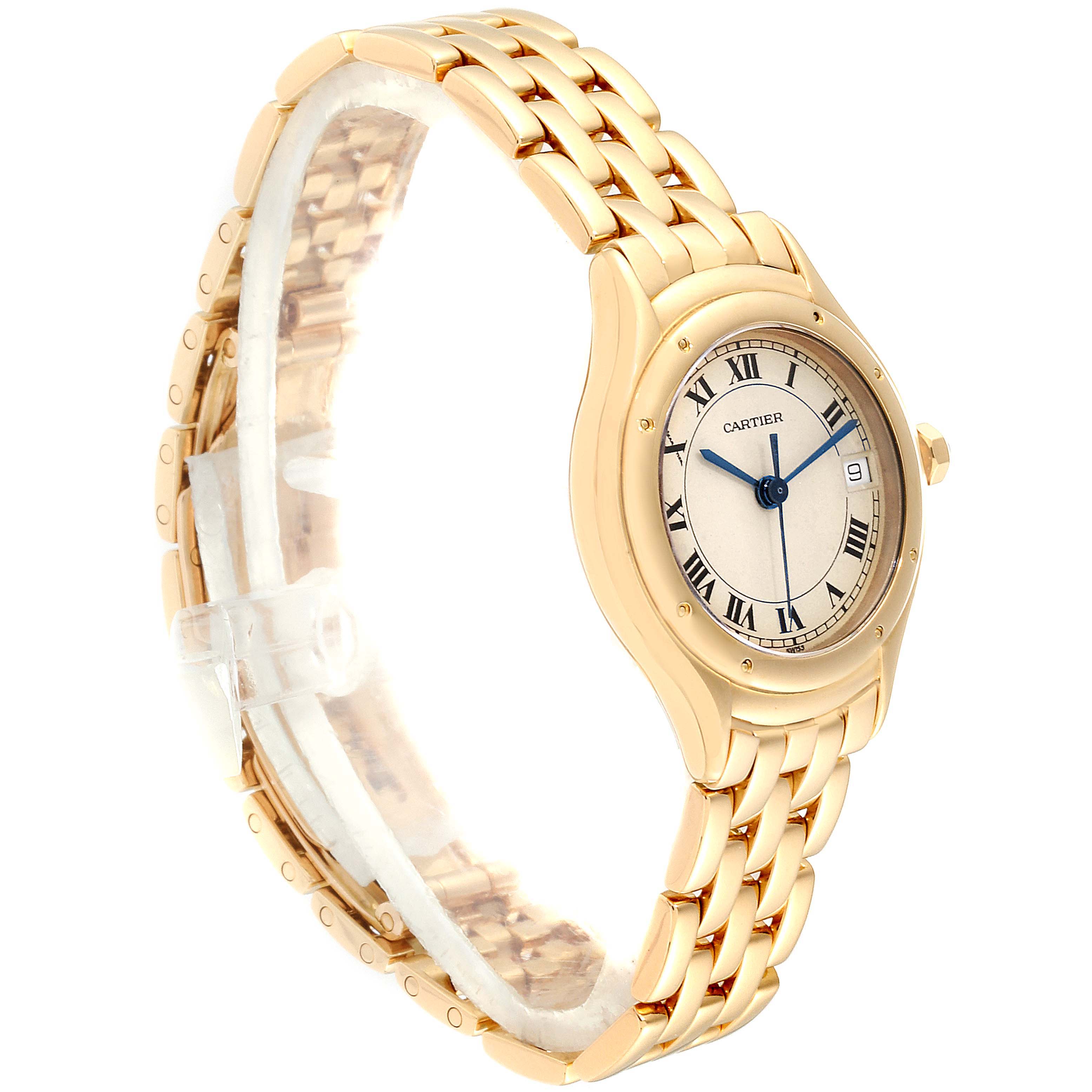 The image shows a side view of the Cartier Panthere 887906 Women's Yellow Gold Silver Dial 887906 Women's Yellow Gold Silver Dial watch, highlighting its gold bracelet and round dial with Roman numerals.