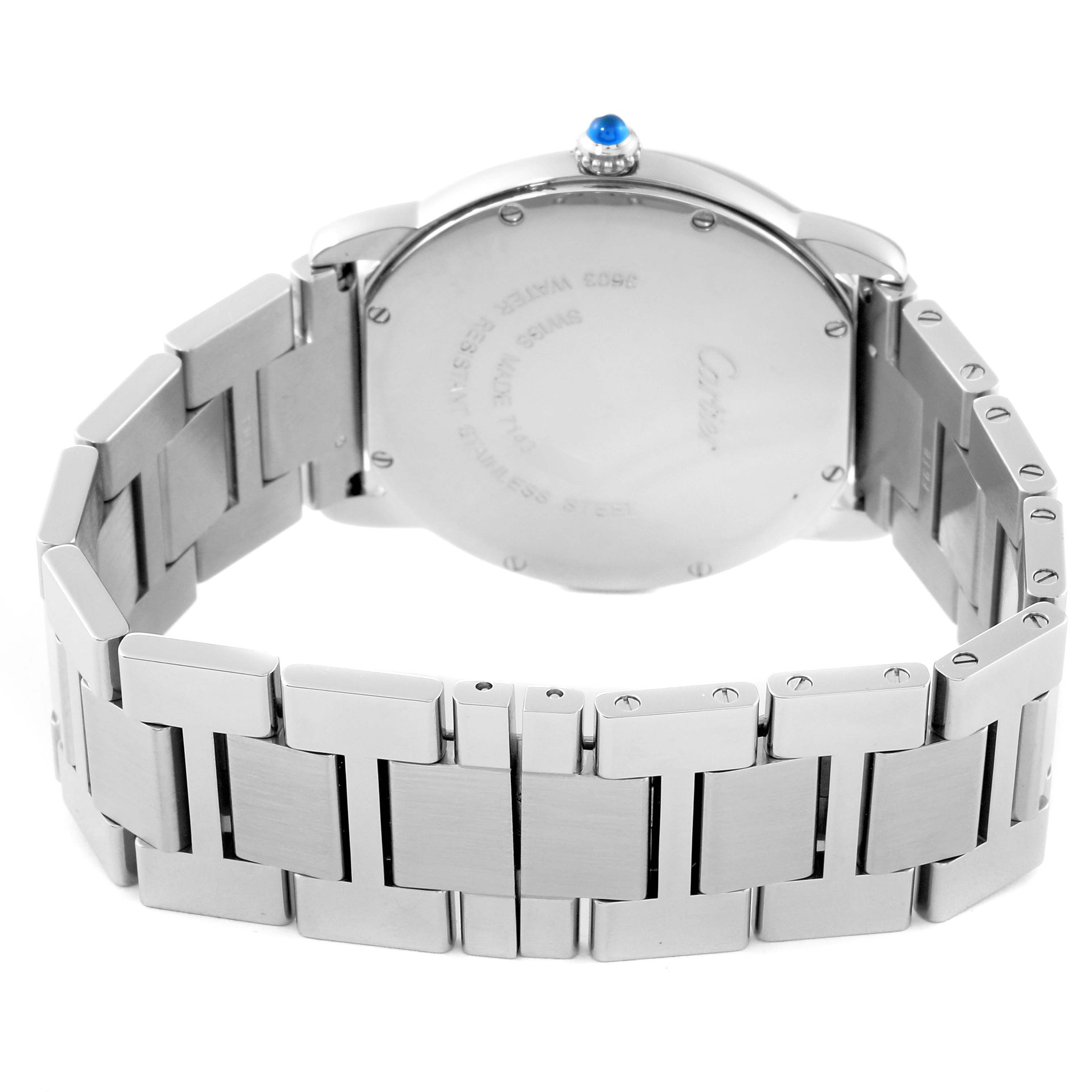 This image shows the back and bracelet of the Cartier Ronde W6701005 Men
s Stainless Steel Silver Dial W6701005 Men
s Stainless Steel Silver Dial watch, highlighting the case back and metal links.
