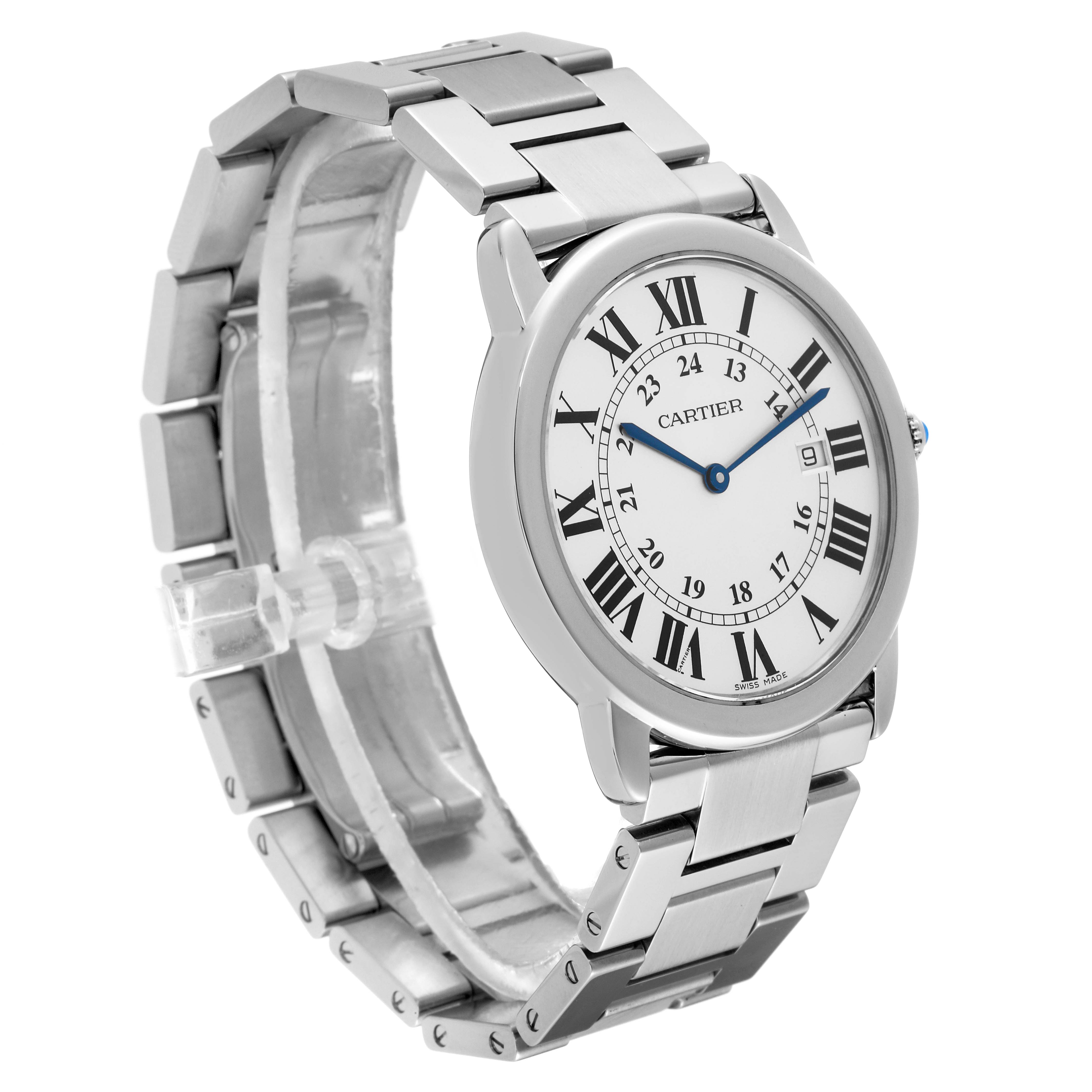 This image shows a Ronde model Cartier watch from a side angle, displaying the full face, strap, and clasp.