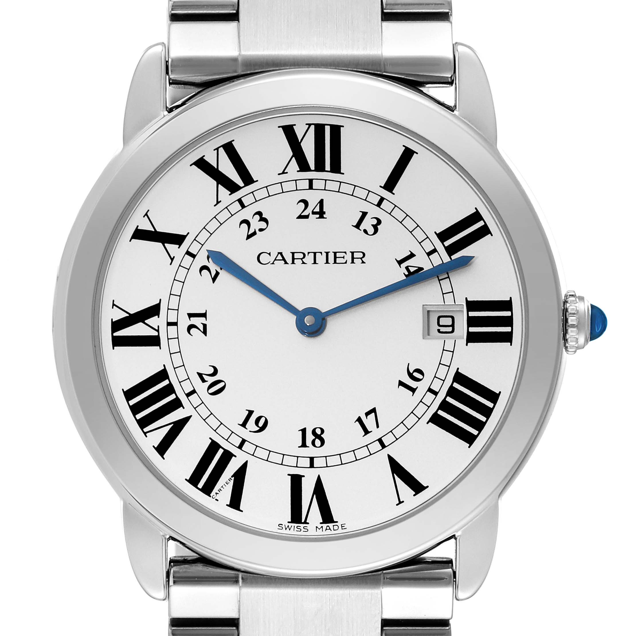 This image shows a close-up of the Cartier Ronde W6701005 Men
s Stainless Steel Silver Dial W6701005 Men
s Stainless Steel Silver Dial watch, highlighting its face, blue hands, Roman numerals, and part of the metal bracelet.