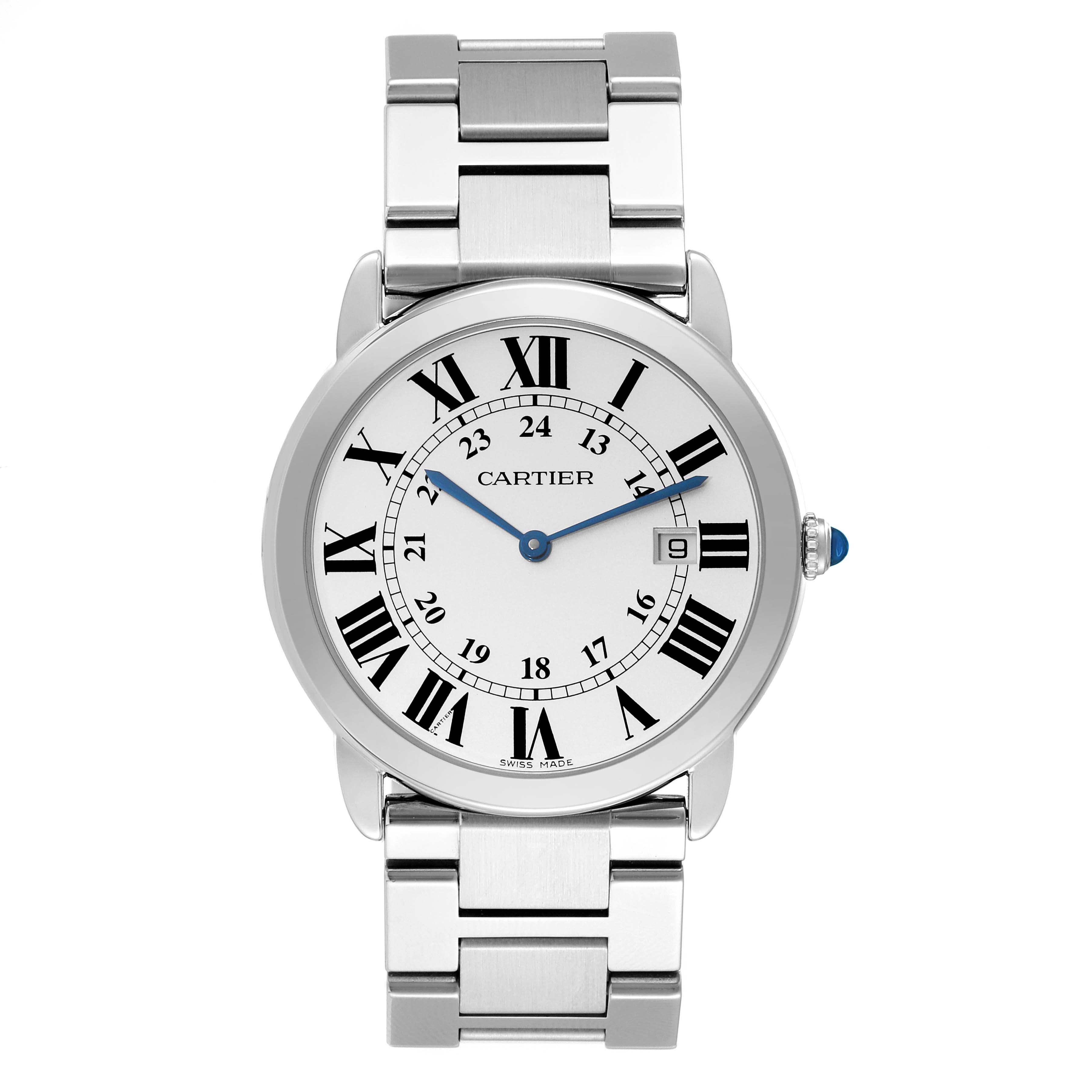 The image shows a frontal view of a Cartier Ronde W6701005 Men
s Stainless Steel Silver Dial W6701005 Men
s Stainless Steel Silver Dial watch, featuring a metal bracelet and a round dial with Roman numerals.
