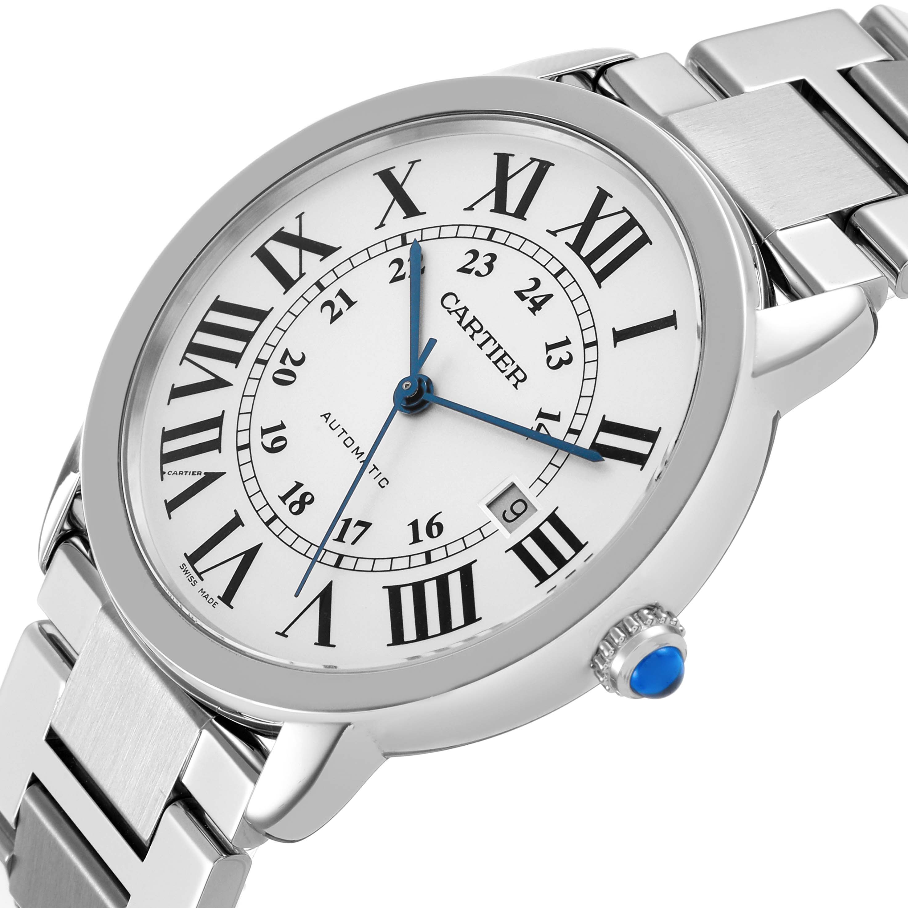 The image shows a Cartier Ronde W6701011 Men's Stainless Steel Silver Dial watch at an angled view, highlighting its face, Roman numerals, blue hands, and metal bracelet.