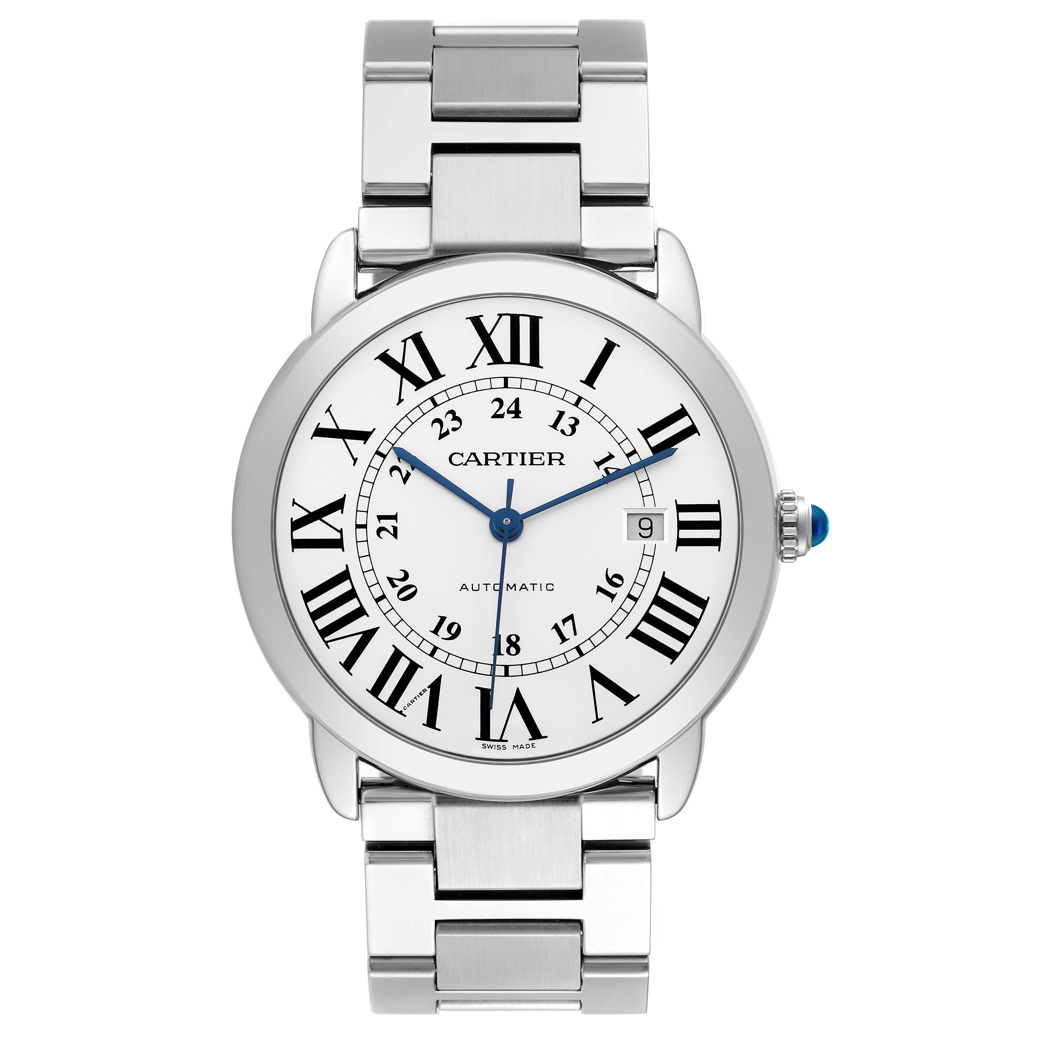 The Cartier Ronde W6701011 Men's Stainless Steel Silver Dial watch is shown from the front, displaying its face, dial, bracelet, and crown.