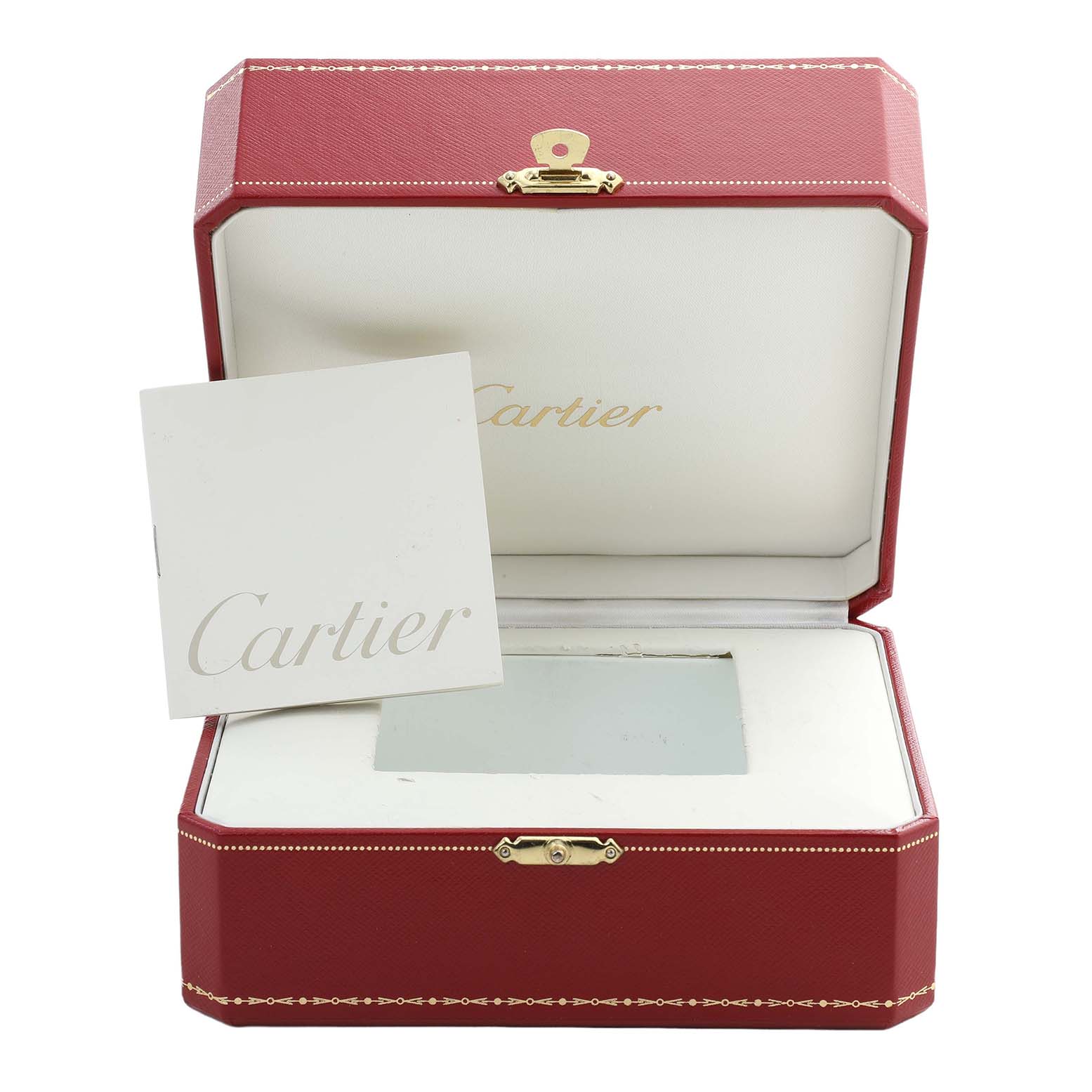 The image shows the open red Cartier box and a booklet for the Ronde model watch.