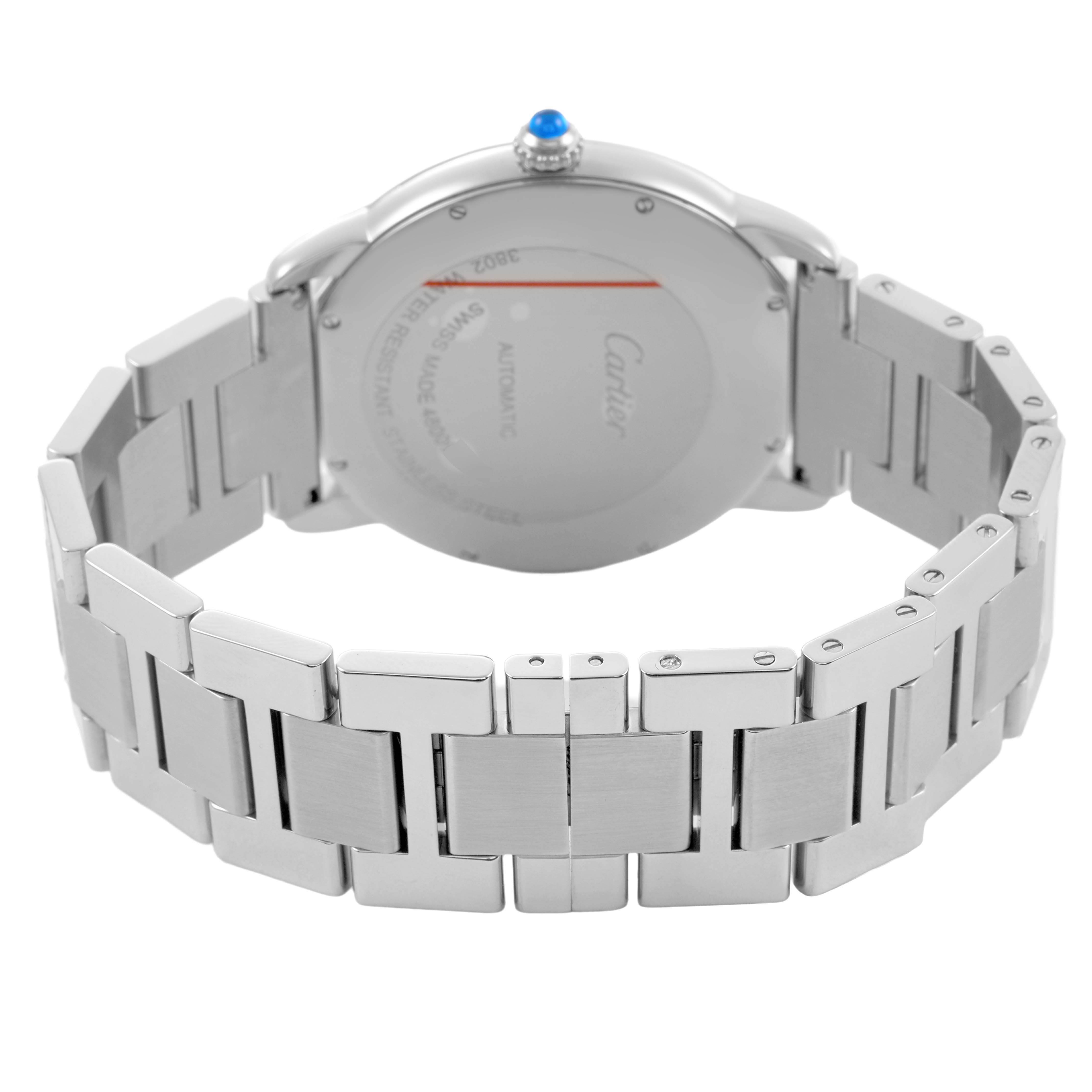 The Cartier Ronde W6701011 Men's Stainless Steel Silver Dial watch is shown from the back, highlighting its case, bracelet, and blue cabochon on the crown.