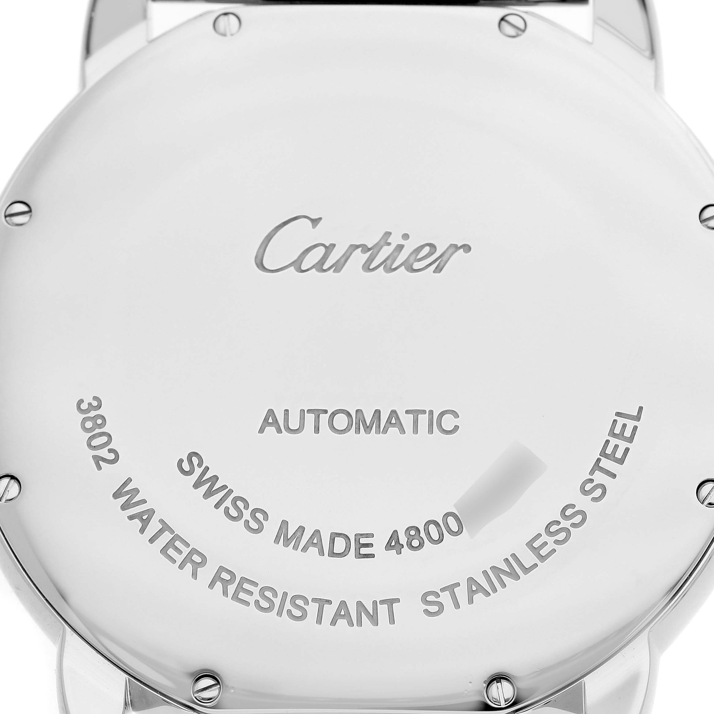 The image shows the back case of the Cartier Ronde W6701011 Men's Stainless Steel Silver Dial model, highlighting engravings and screws.