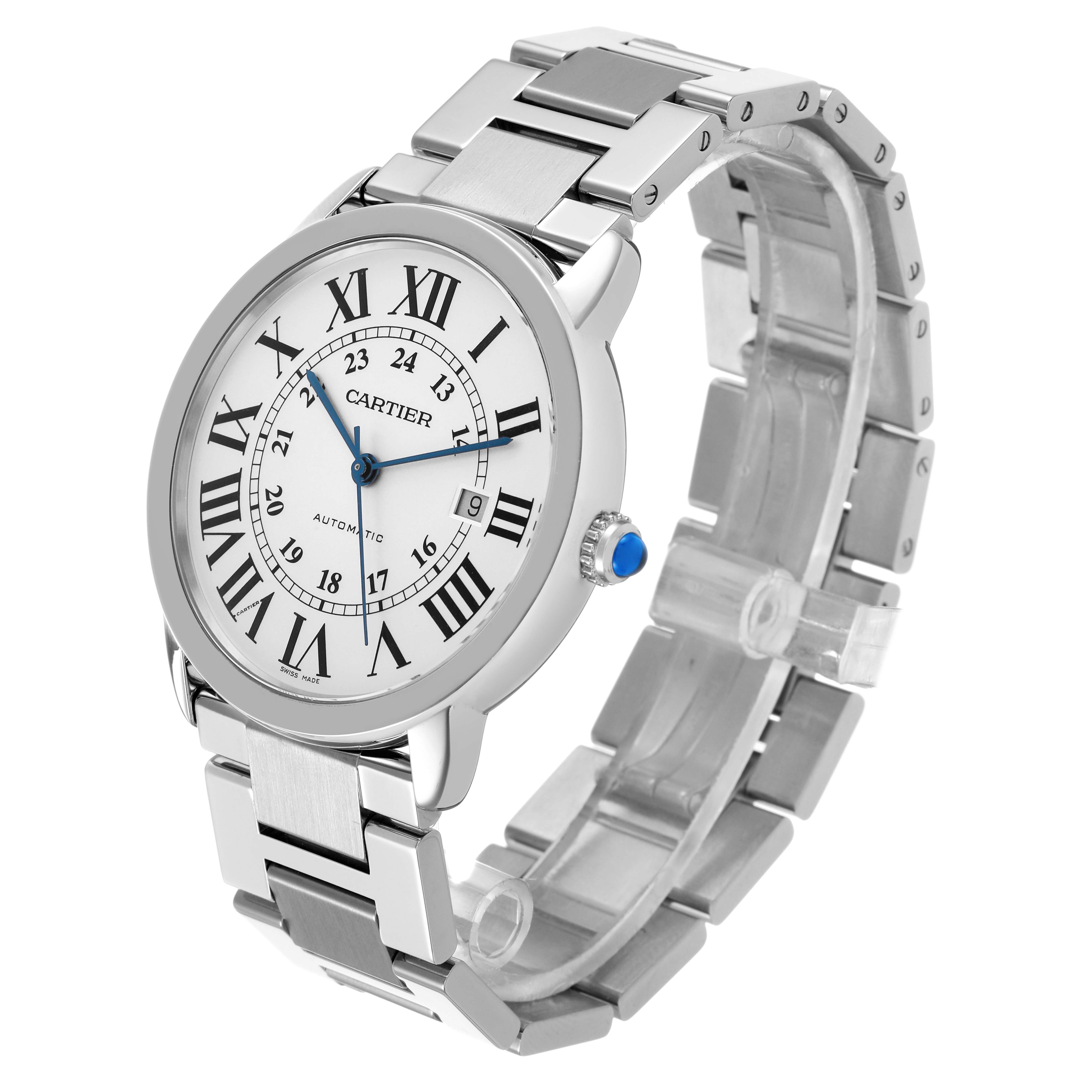 The image shows a Cartier Ronde W6701011 Men's Stainless Steel Silver Dial watch at a three-quarter angle, highlighting the face, bracelet, and iconic blue crown.