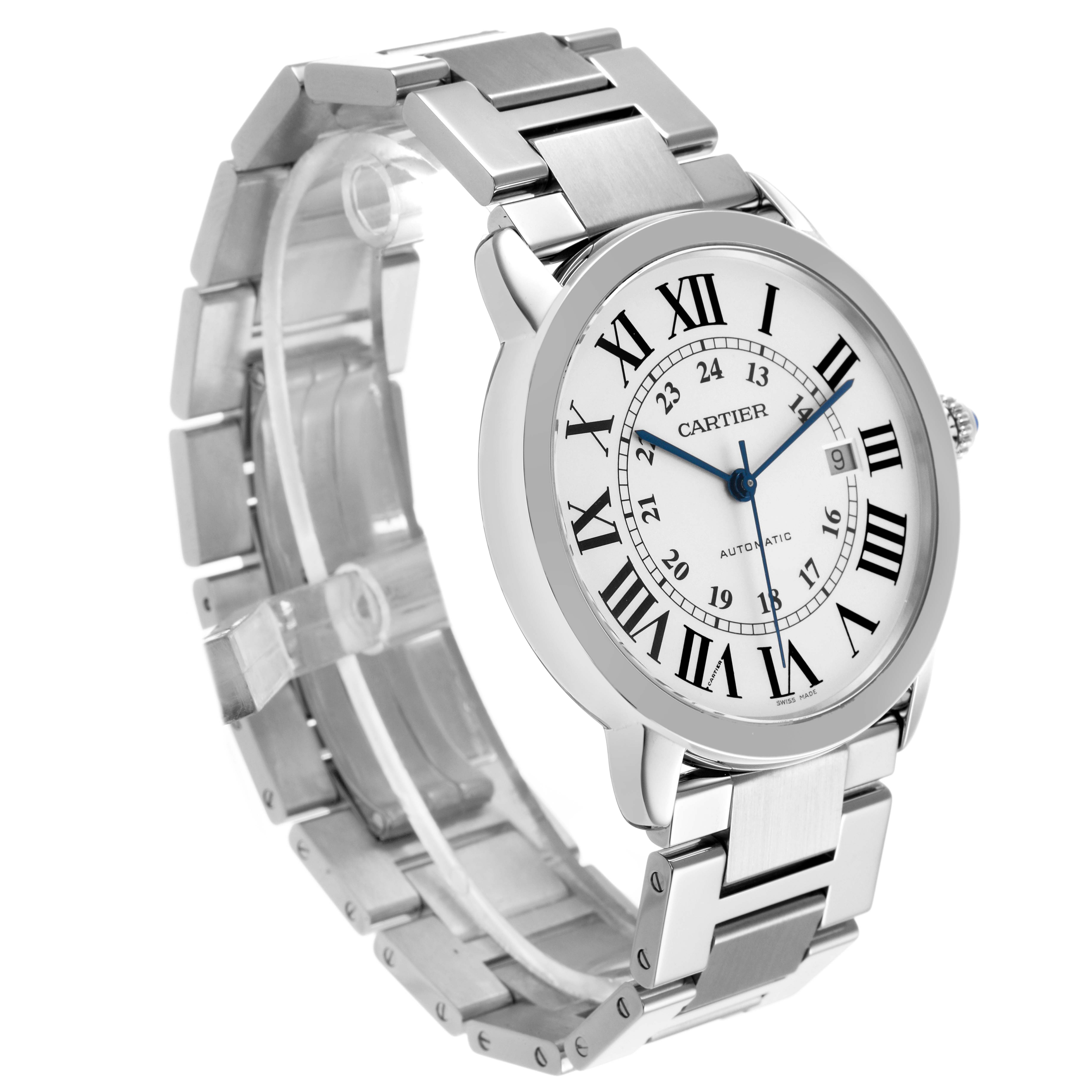 The image shows a Cartier Ronde W6701011 Men's Stainless Steel Silver Dial watch at a three-quarter angle, displaying the face, bezel, and metal bracelet.