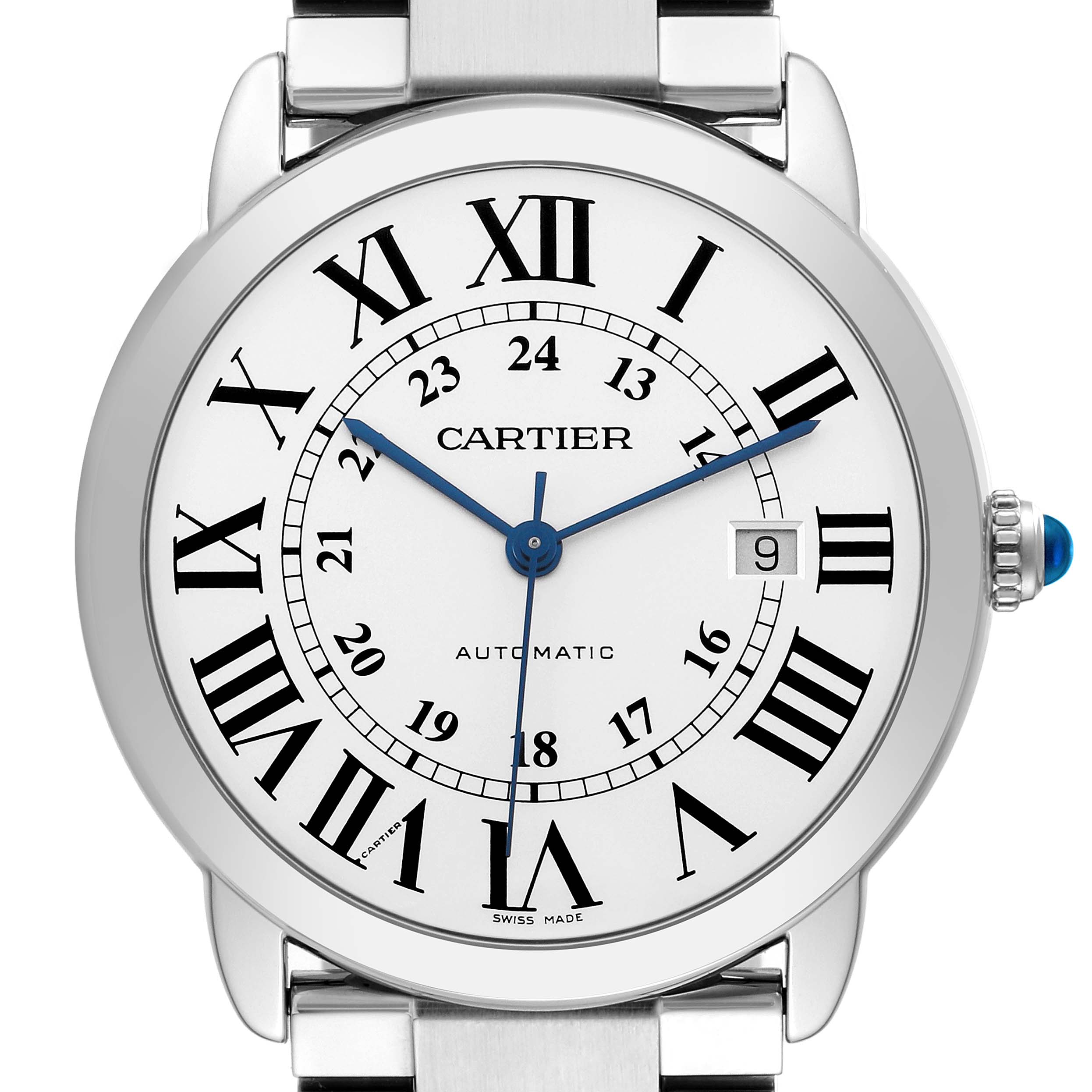 The Ronde model by Cartier is shown from a front view, displaying its dial, Roman numerals, date window, and stainless steel bracelet.