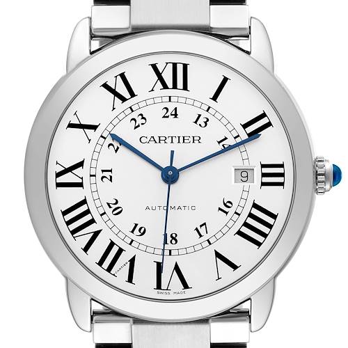 The Cartier Ronde W6701011 Men's Stainless Steel Silver Dial watch is shown from the front, displaying its face, Roman numerals, hands, and date window.