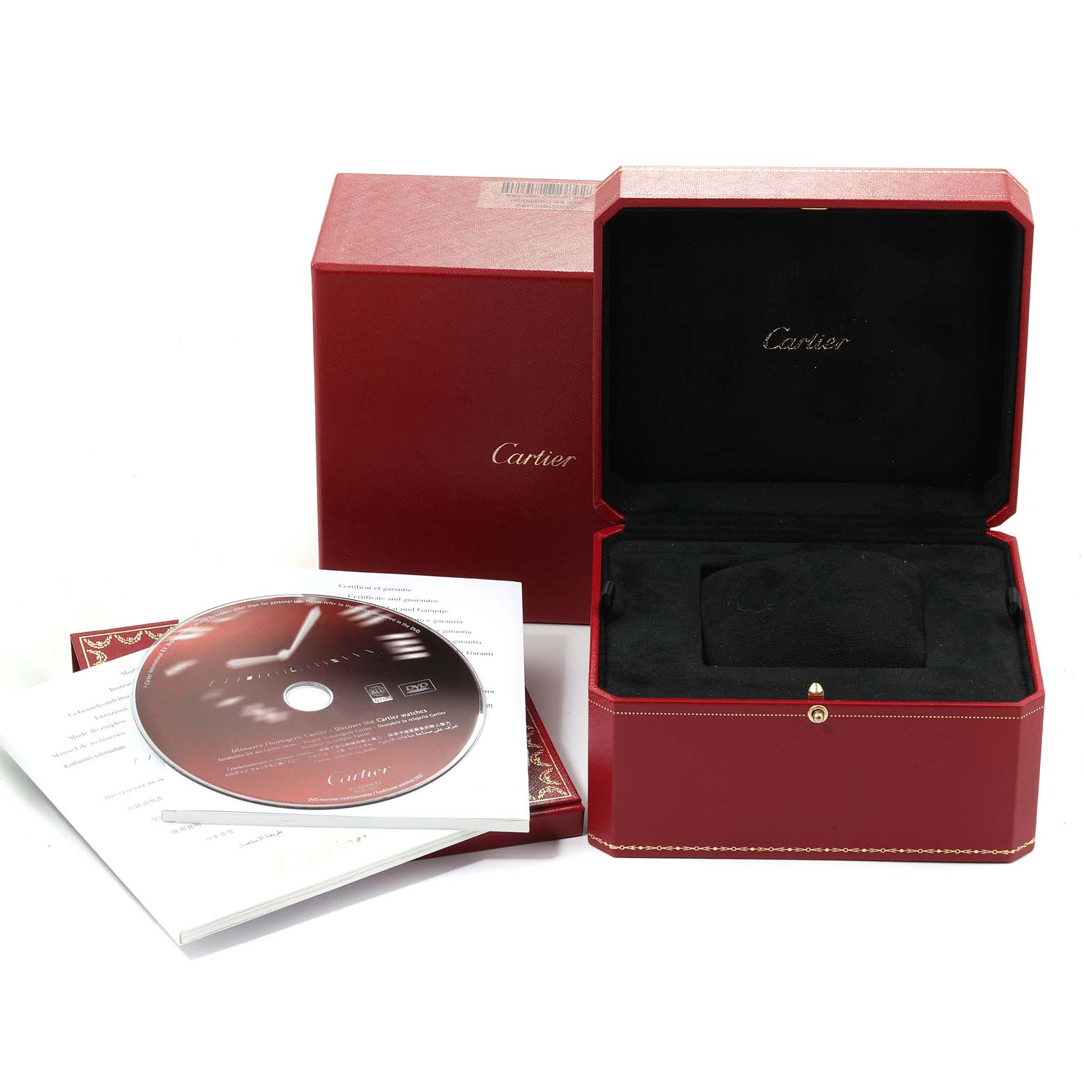 The image shows a Cartier Santos W20056D6 Women's Stainless Steel Silver Dial W20056D6 Women's Stainless Steel Silver Dial watch box, manual, and a CD, with the watch box open at an angle.