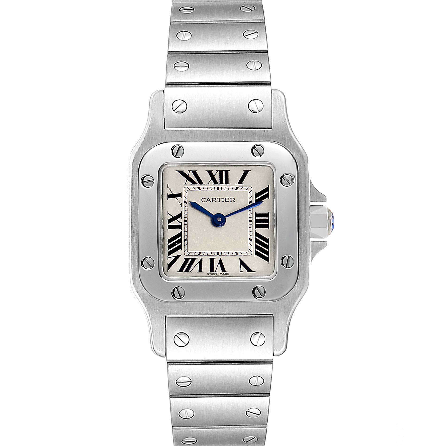 This image shows a front view of the Cartier Santos W20056D6 Women's Stainless Steel Silver Dial W20056D6 Women's Stainless Steel Silver Dial watch, highlighting the case, dial, hands, and bracelet.