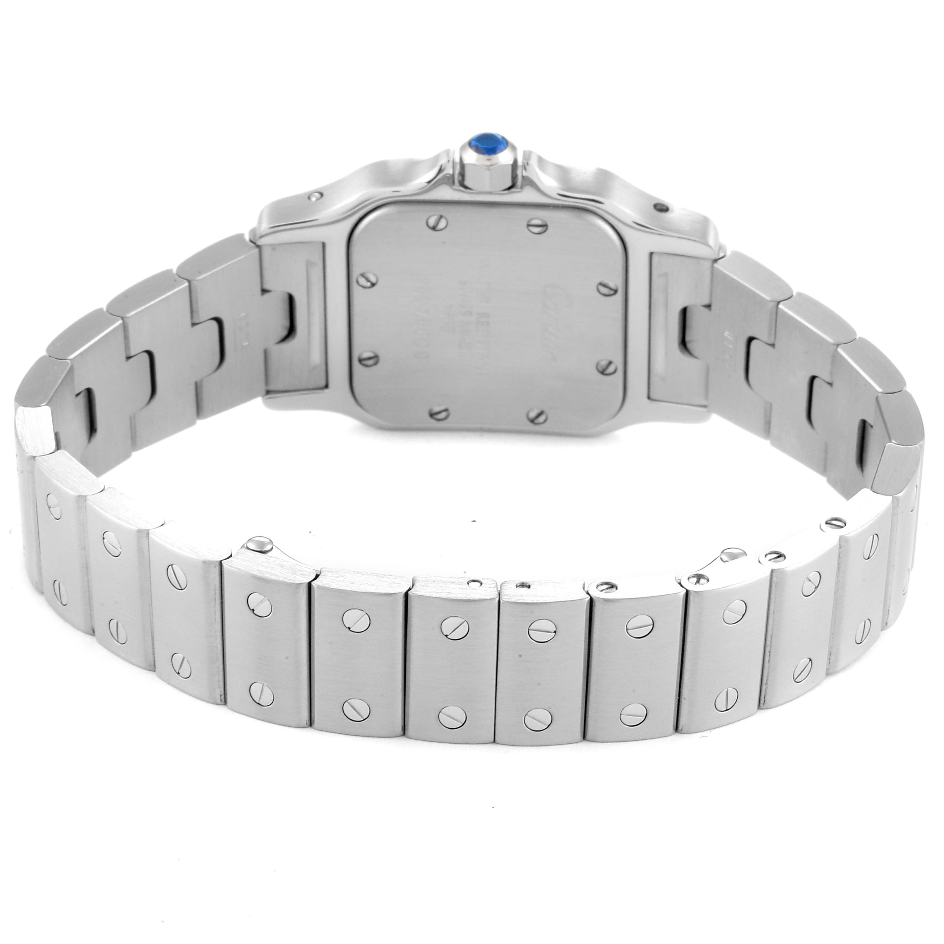 The image shows the backside and bracelet of a Santos model by Cartier.