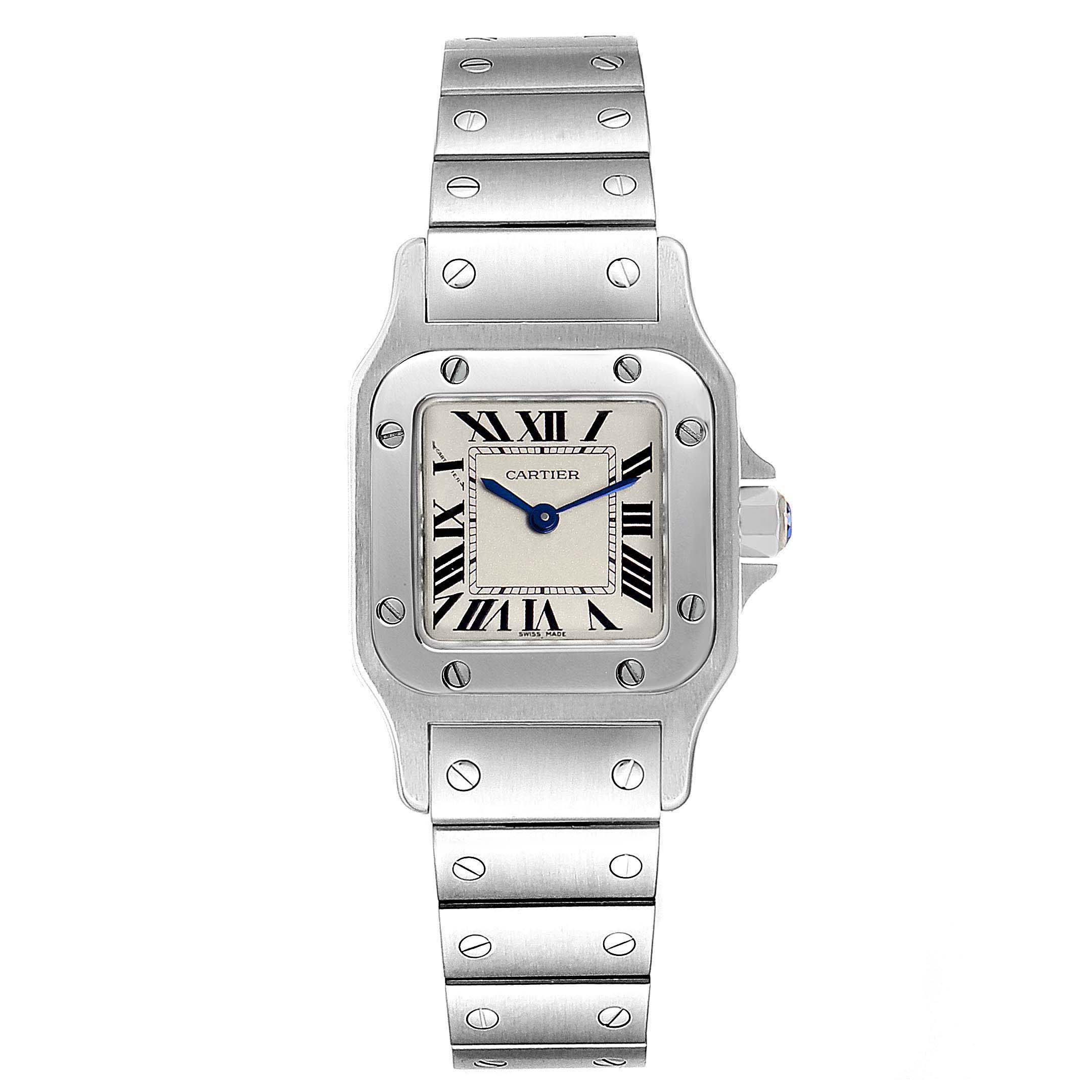 The image shows a front view of the Cartier Santos W20056D6 Women's Stainless Steel Silver Dial W20056D6 Women's Stainless Steel Silver Dial watch, highlighting its face, bezel, and bracelet.