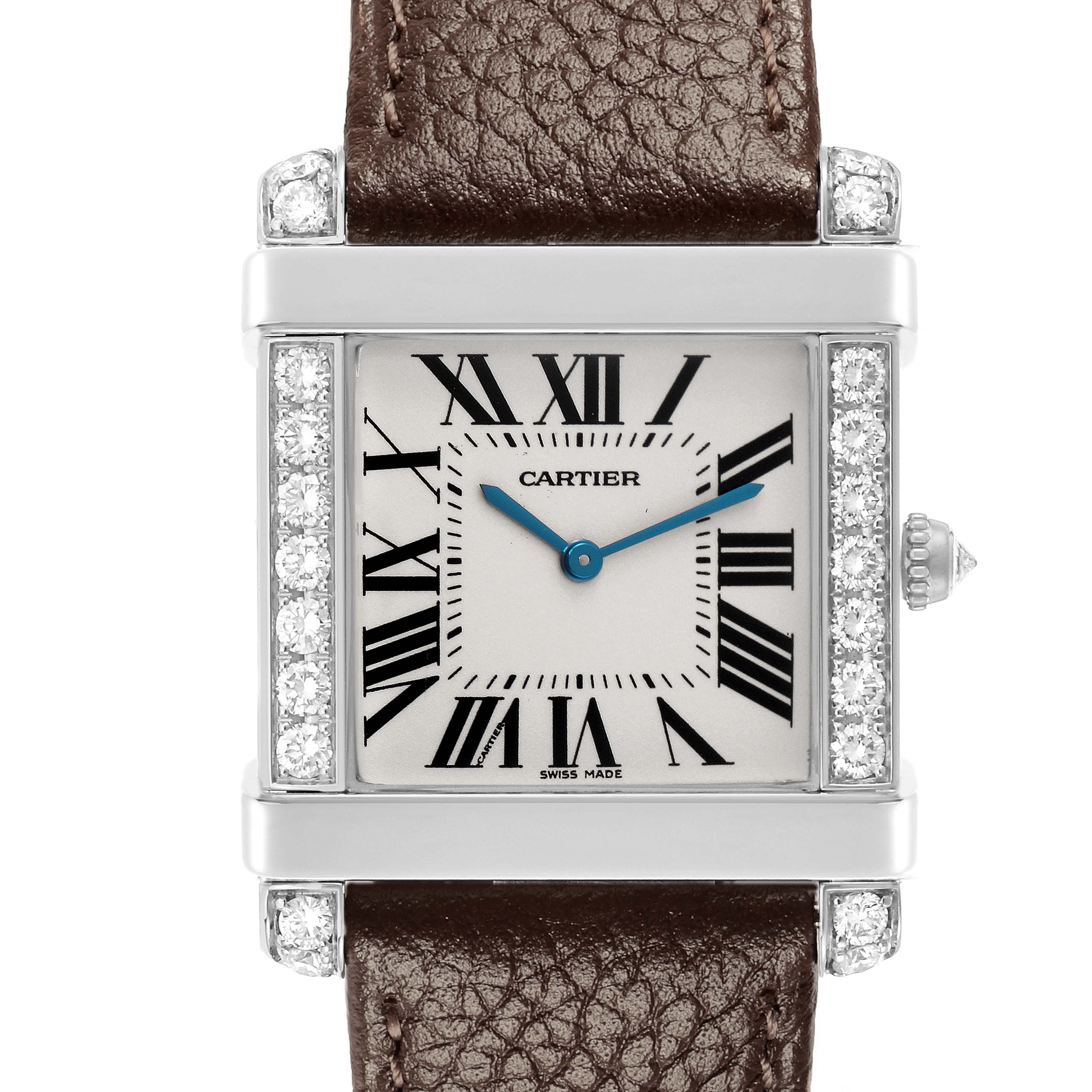 The Cartier Tank Louis WE300251 Men's Platinum Silver Dial WE300251 Men's Platinum Silver Dial watch is shown from the front, highlighting its face, Roman numerals, blue hands, and leather strap.
