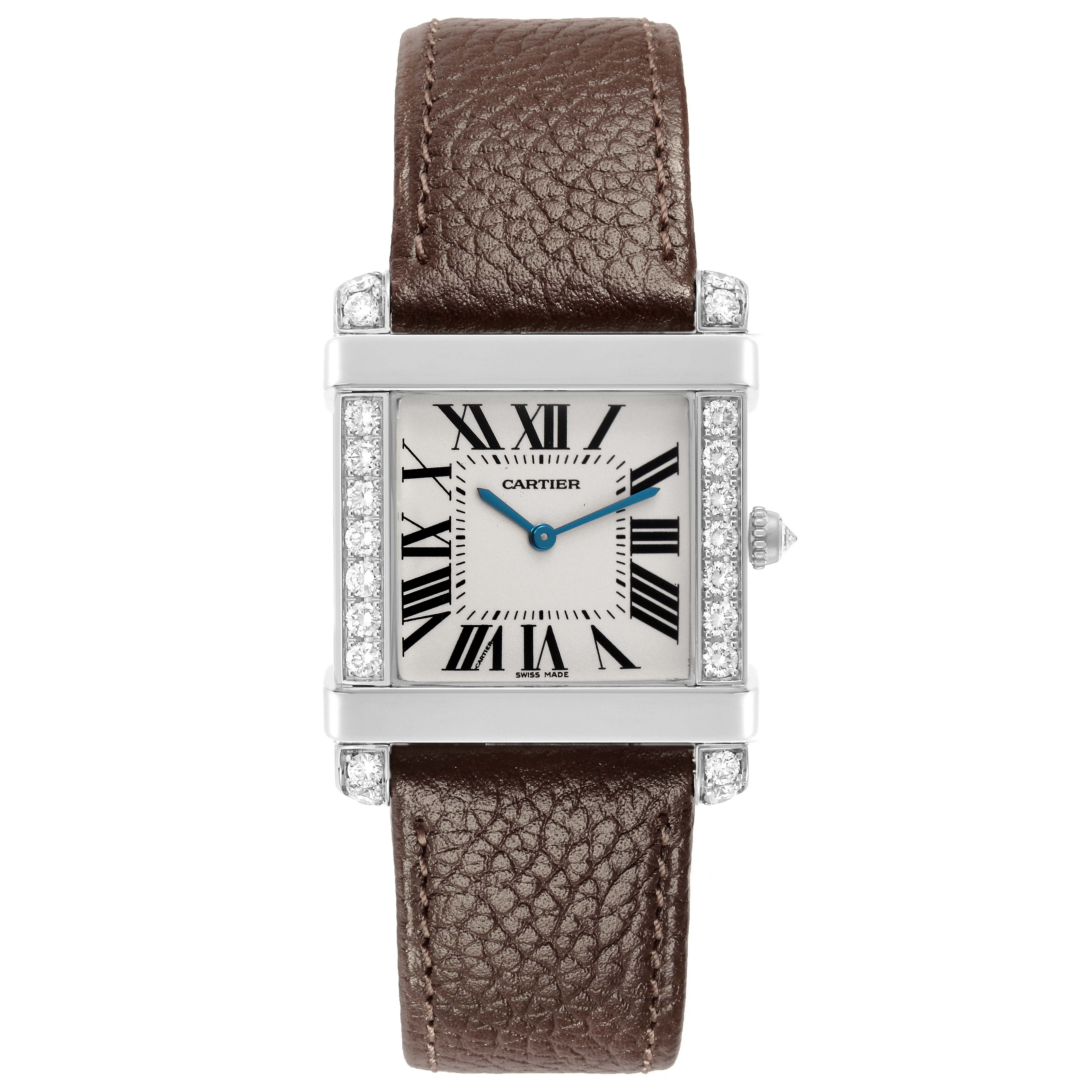 The Cartier Tank Louis WE300251 Men's Platinum Silver Dial WE300251 Men's Platinum Silver Dial watch is shown from a front angle, highlighting its rectangular case, Roman numerals, leather strap, and diamond detailing.