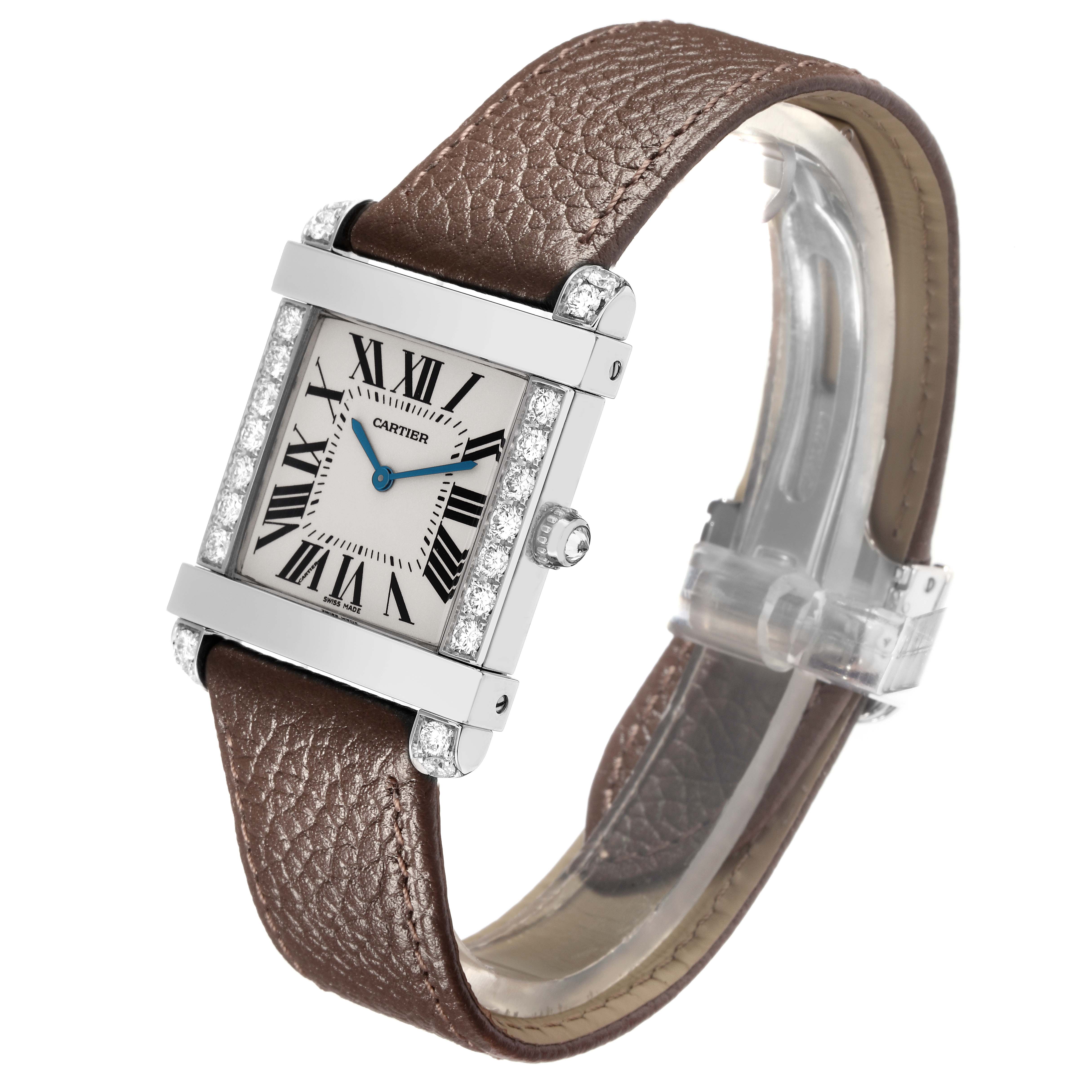 The image shows a Cartier Tank Louis WE300251 Men's Platinum Silver Dial WE300251 Men's Platinum Silver Dial watch at a three-quarter angle, highlighting the case, dial, strap, and set diamonds.