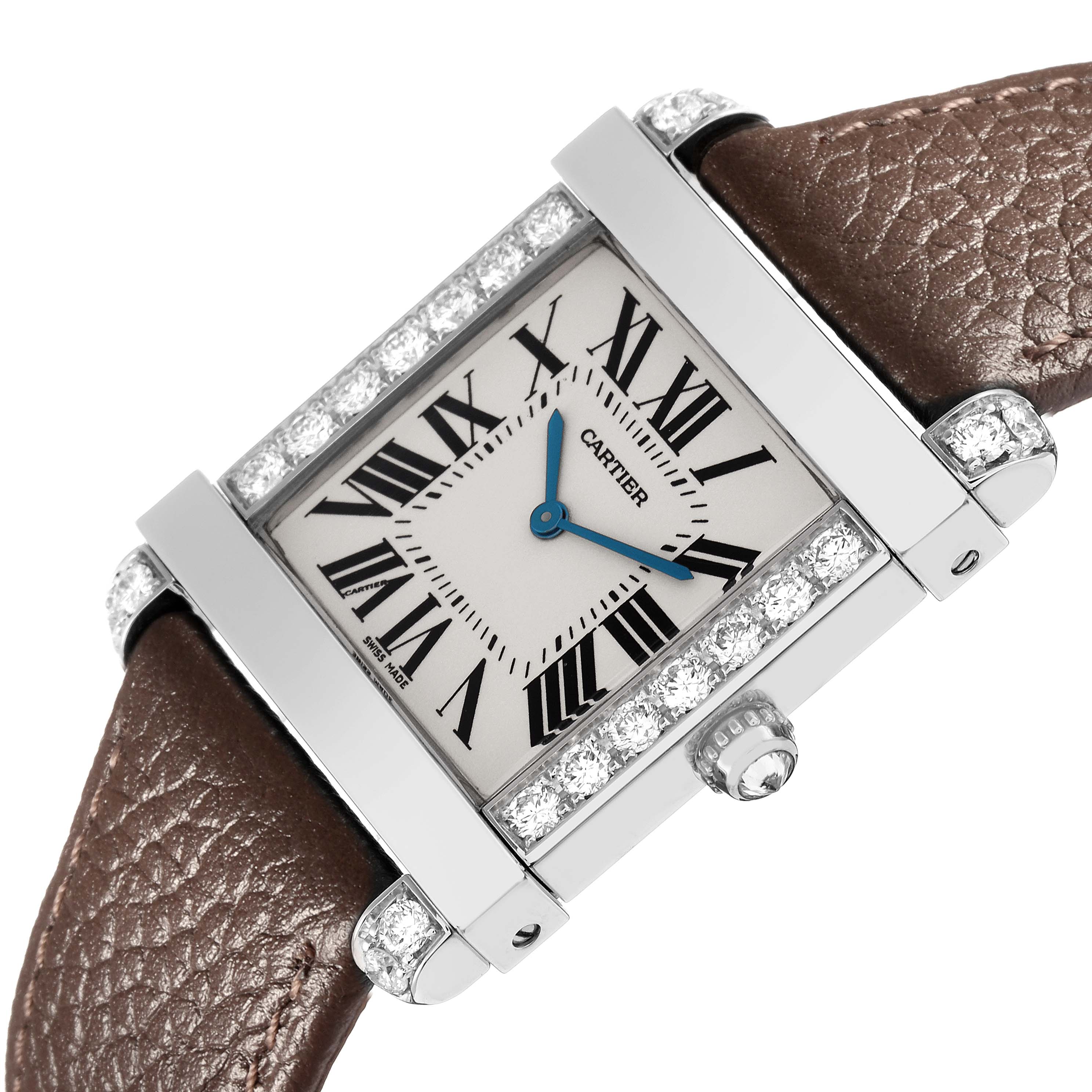 The Cartier Tank Louis WE300251 Men's Platinum Silver Dial WE300251 Men's Platinum Silver Dial watch is shown at an angle highlighting its rectangular case, diamond accents, crown, and brown leather strap.