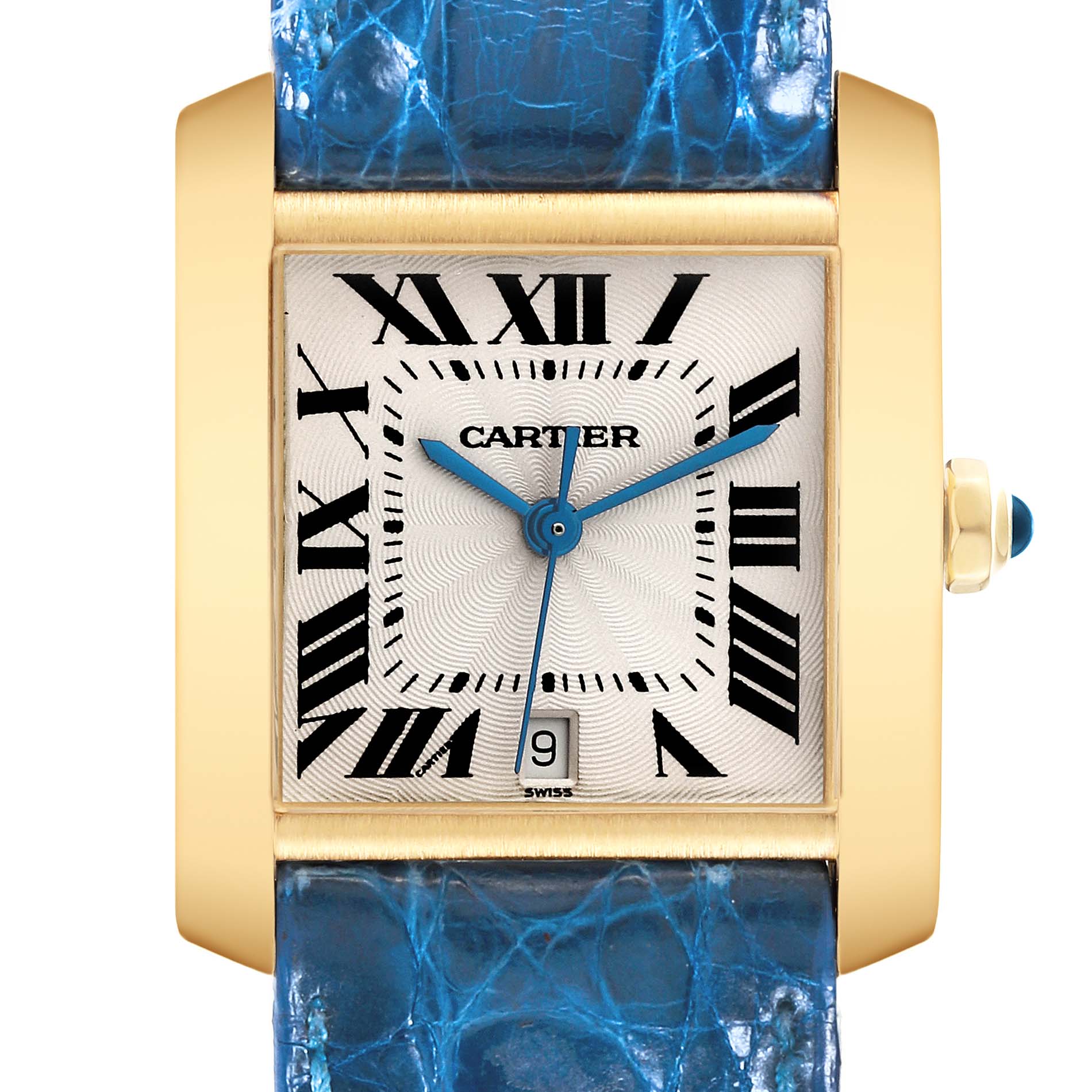 The image shows a frontal close-up of a Cartier Tank Francaise W5000156 Men
s Yellow Gold Silver Dial W5000156 Men
s Yellow Gold Silver Dial watch, highlighting its face, dial, and blue strap.