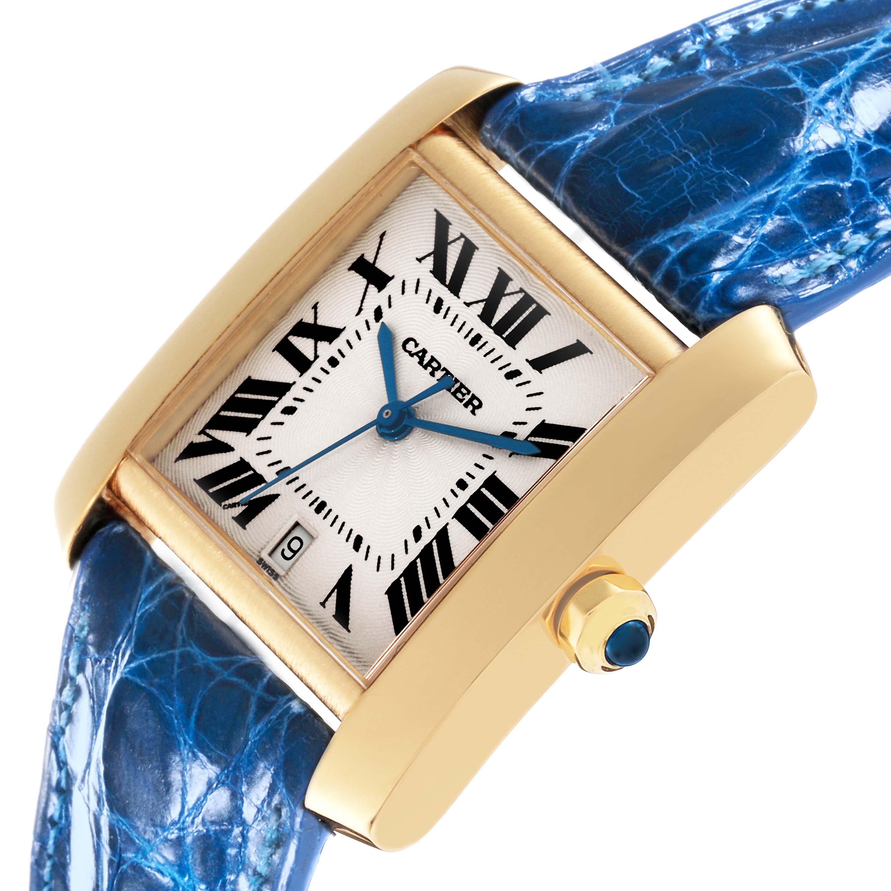 This image shows a close-up angle of the Cartier Tank Française watch, highlighting its dial, crown, and blue leather strap.