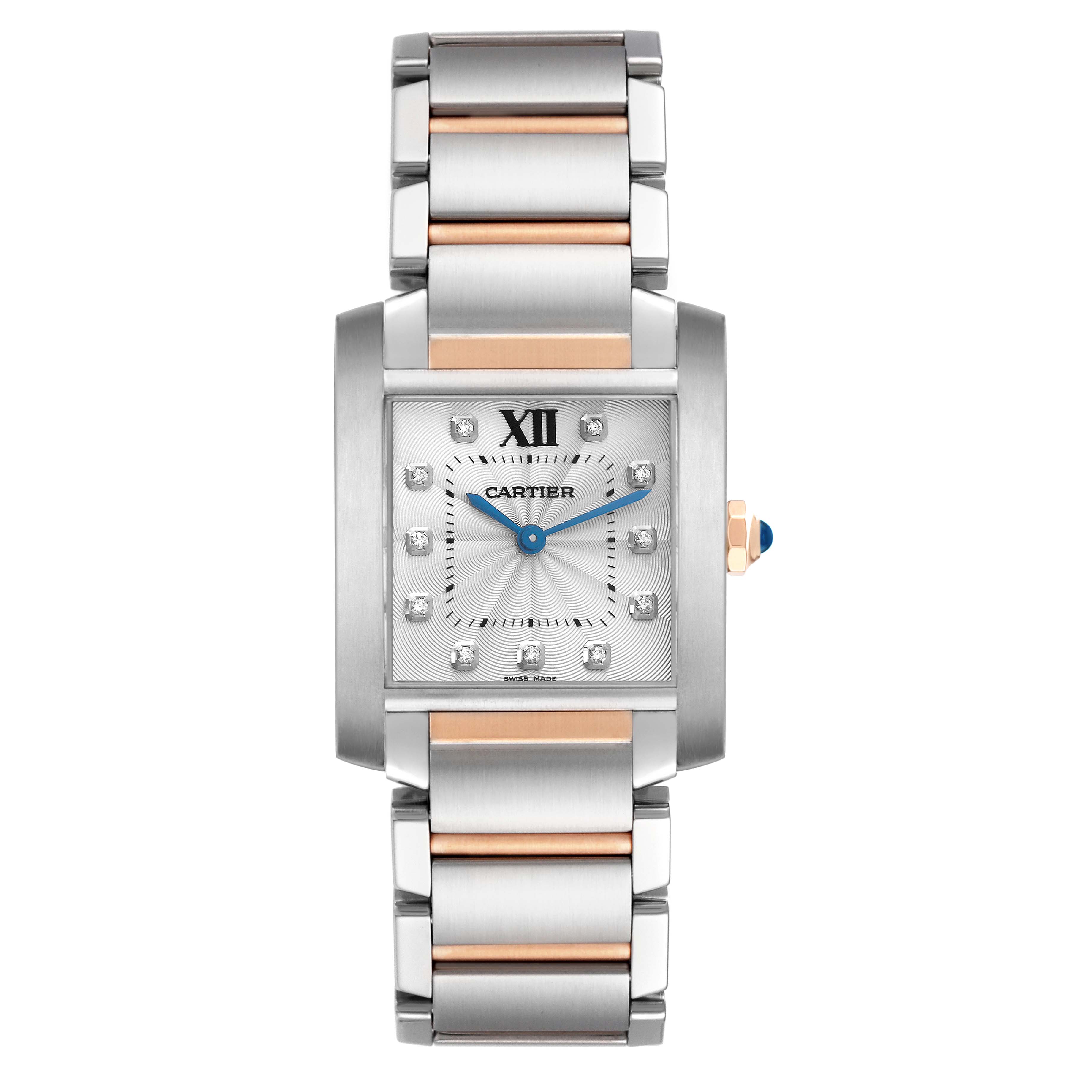 The Cartier Tank Française watch is shown from the front, displaying its rectangular face, bracelet, and crown.
