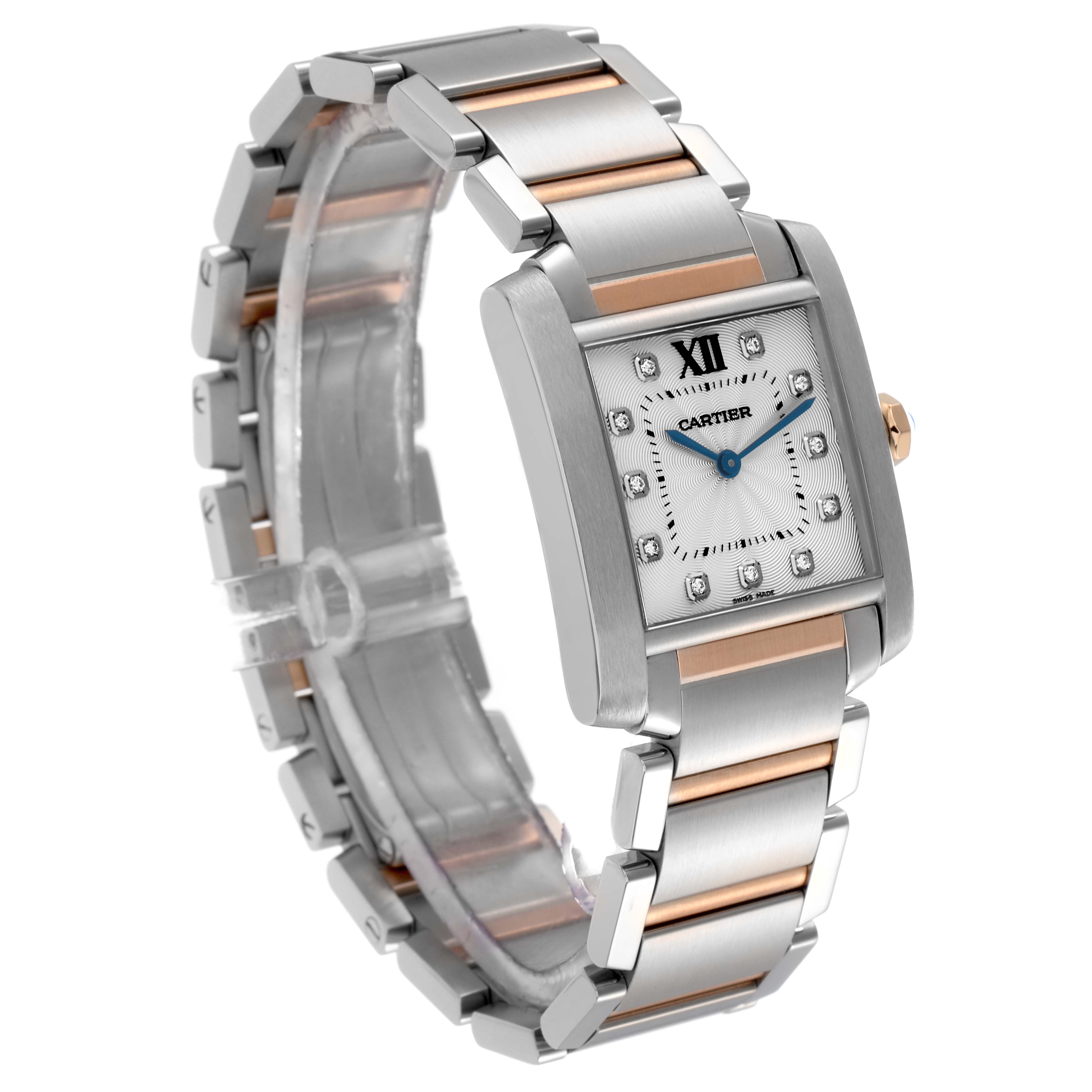 The Cartier Tank Francaise WE110005 Men's Steel and Gold (two tone) Silver Dial WE110005 Men's Steel and Gold (two tone) Silver Dial watch is shown at a three-quarter angle, highlighting the face, two-tone bracelet, and side crown.