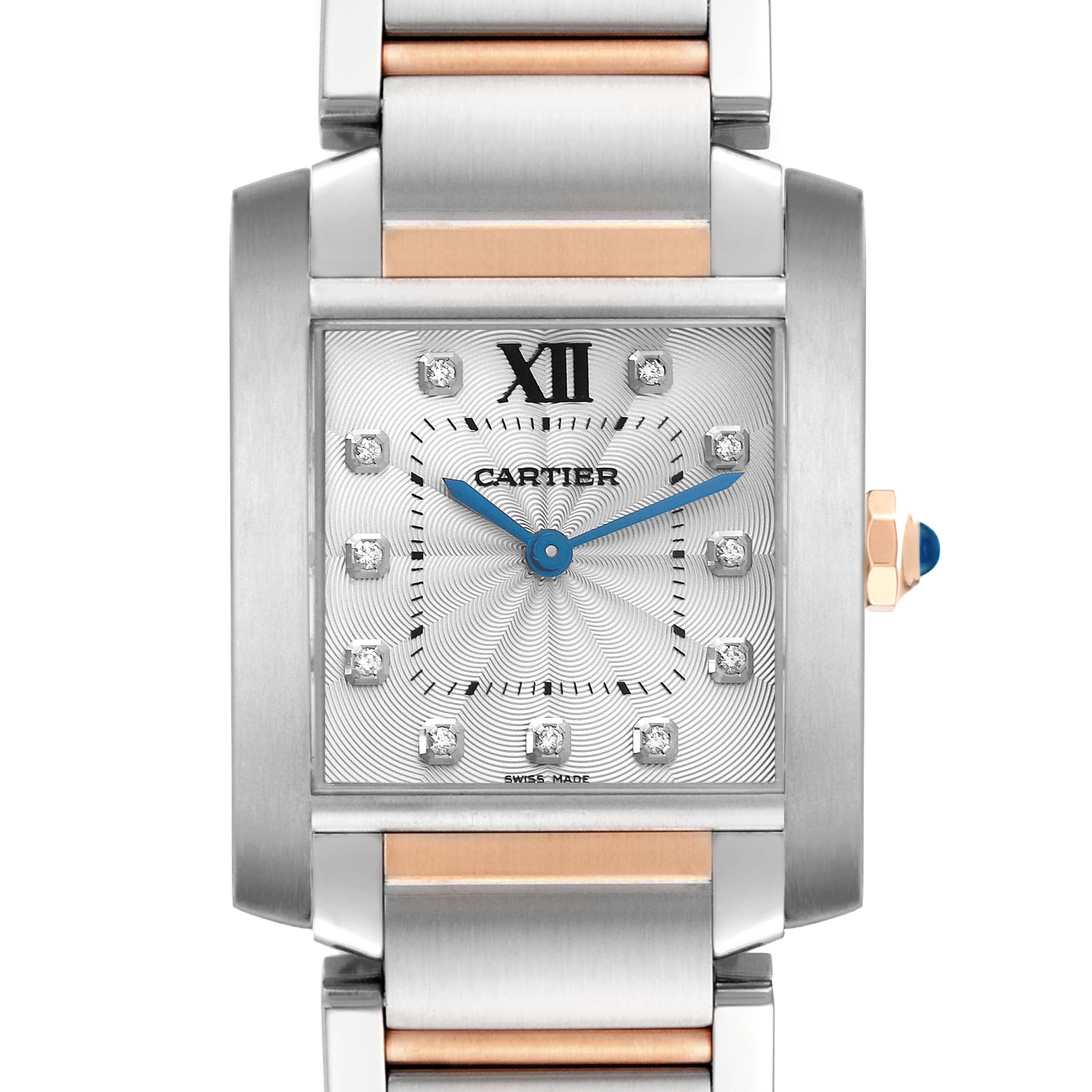 The Cartier Tank Francaise WE110005 Men's Steel and Gold (two tone) Silver Dial WE110005 Men's Steel and Gold (two tone) Silver Dial watch is shown from the front, highlighting the rectangular face, blue hands, and metal bracelet.