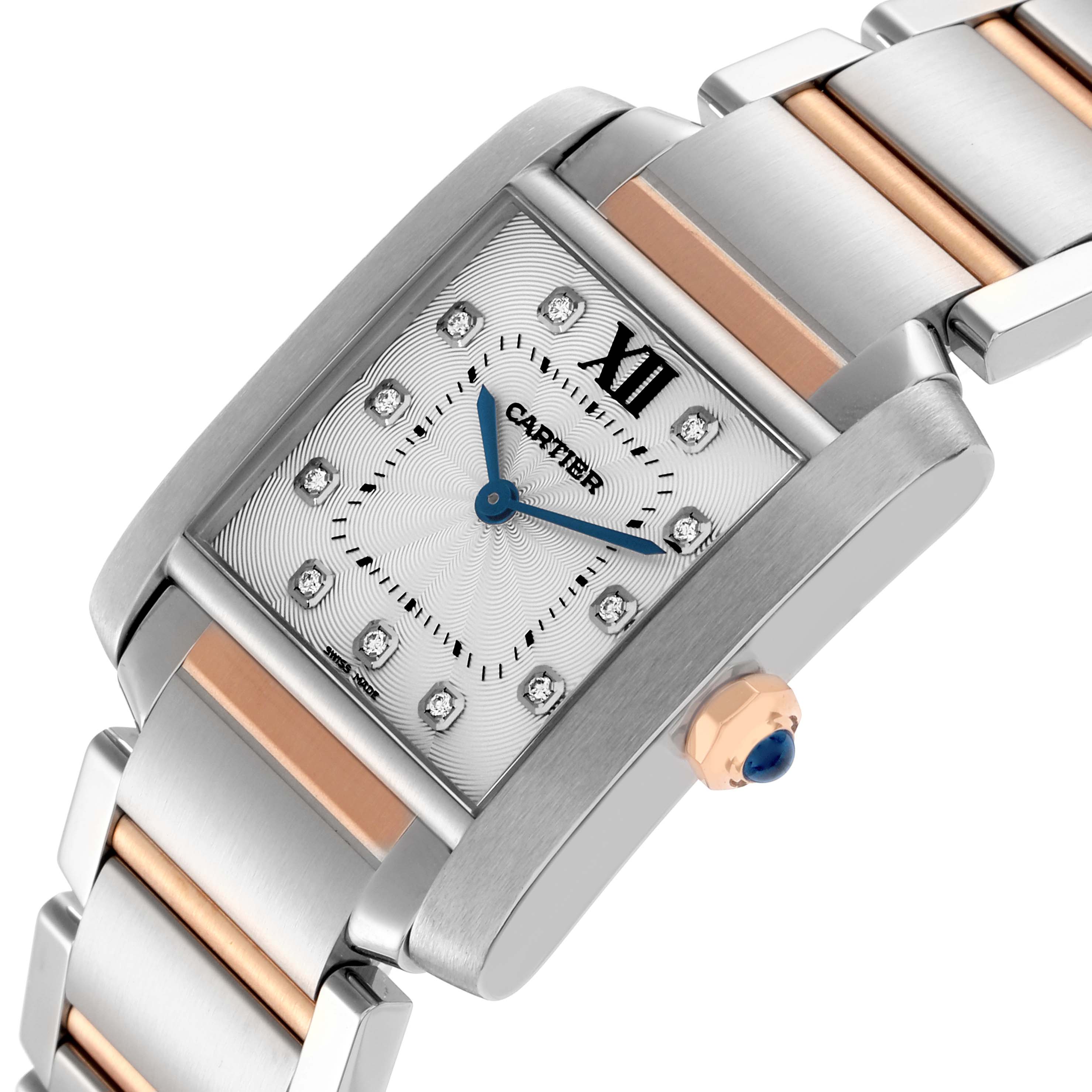 The Cartier Tank Francaise WE110005 Men's Steel and Gold (two tone) Silver Dial WE110005 Men's Steel and Gold (two tone) Silver Dial watch is shown at an angle highlighting the face, crown, and part of the bracelet.
