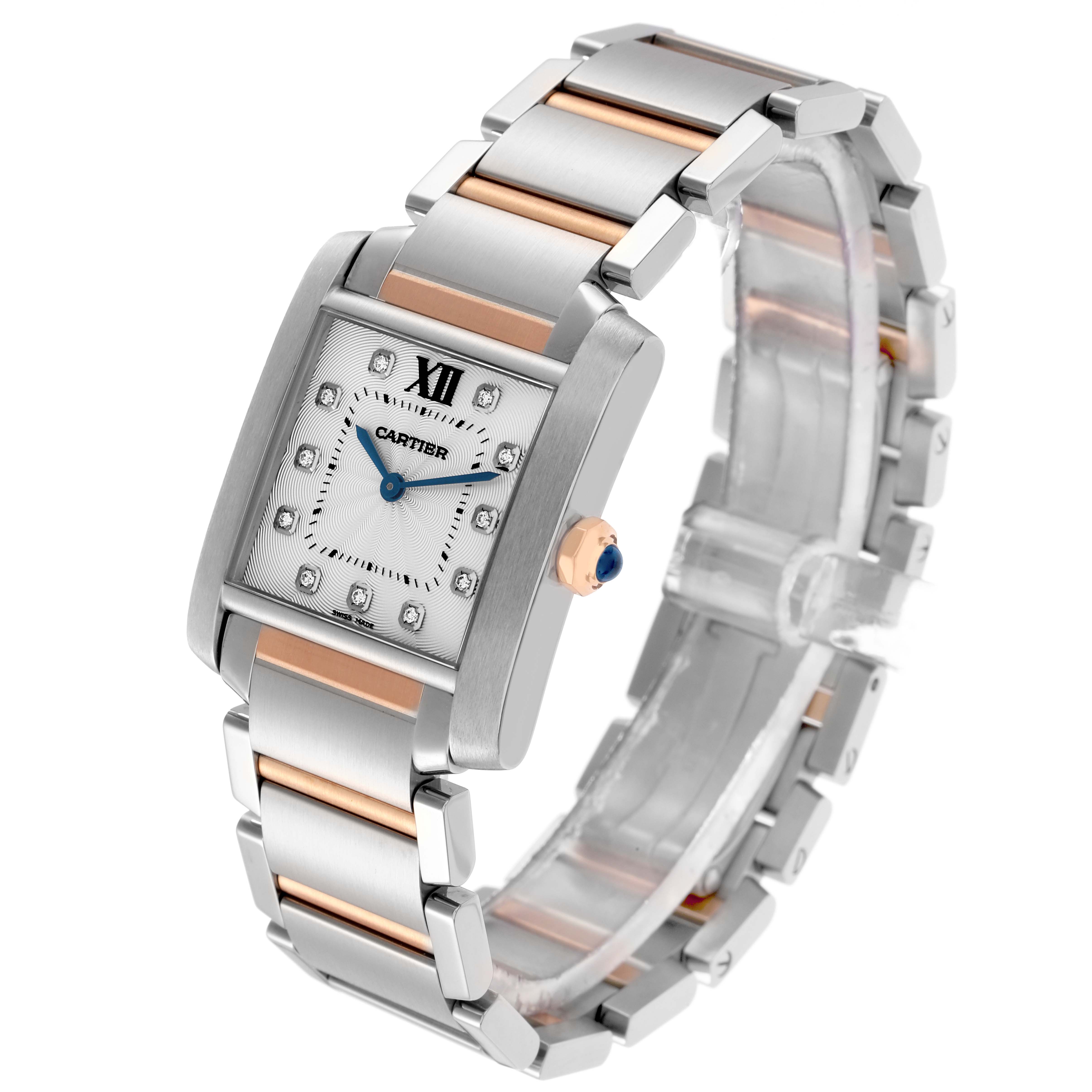 The Cartier Tank Française watch is shown at a three-quarter angle, highlighting the case, bracelet, and crown.