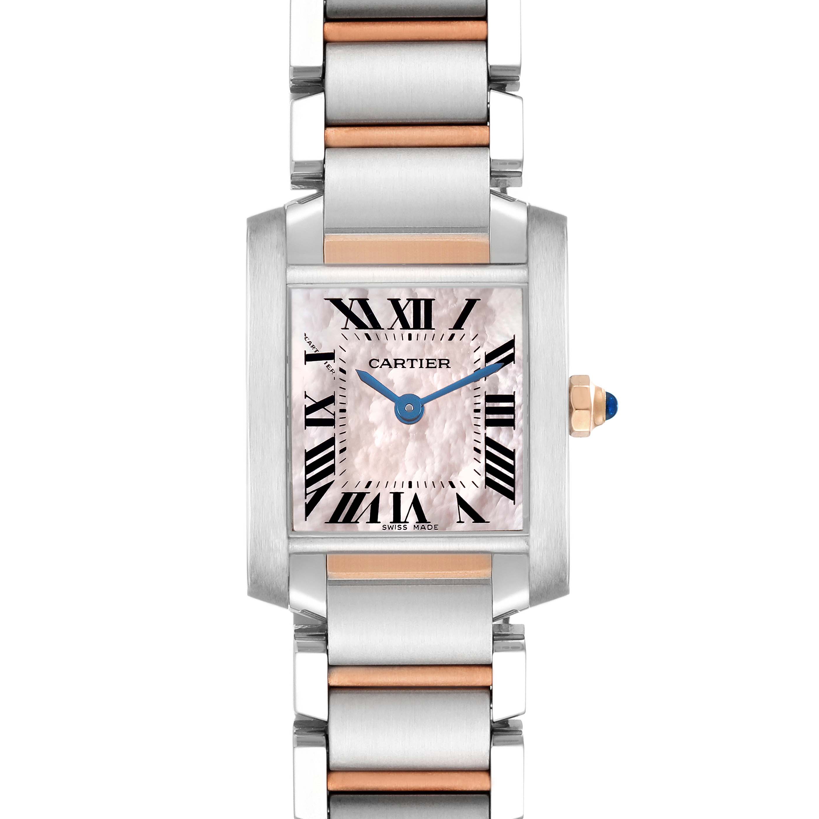 The Cartier Tank Française watch is shown from the front, displaying the face, bracelet, and crown.