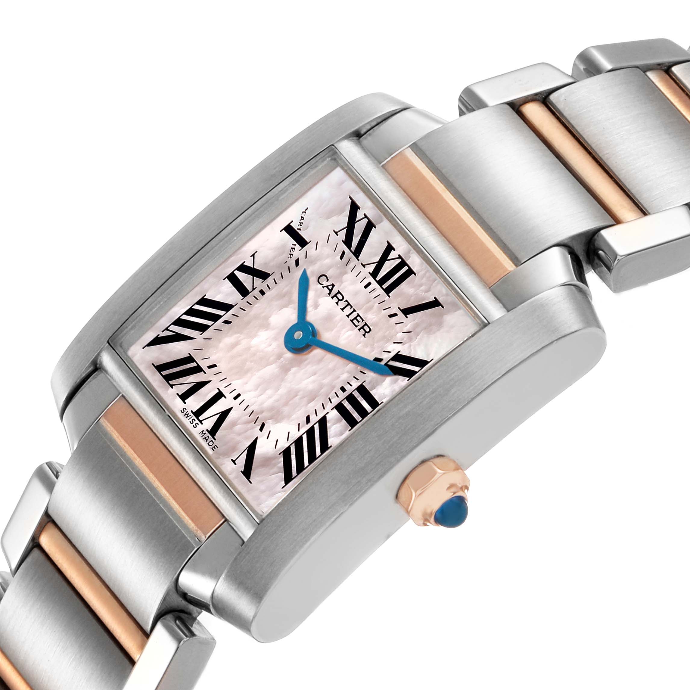 The Cartier Tank Française watch is shown at an angled view, highlighting the face, crown, and bracelet.