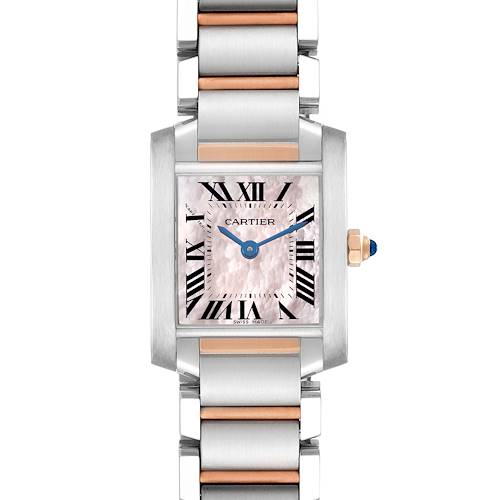 The Cartier Tank Française watch is shown from the front, highlighting its face, bracelet, and crown.