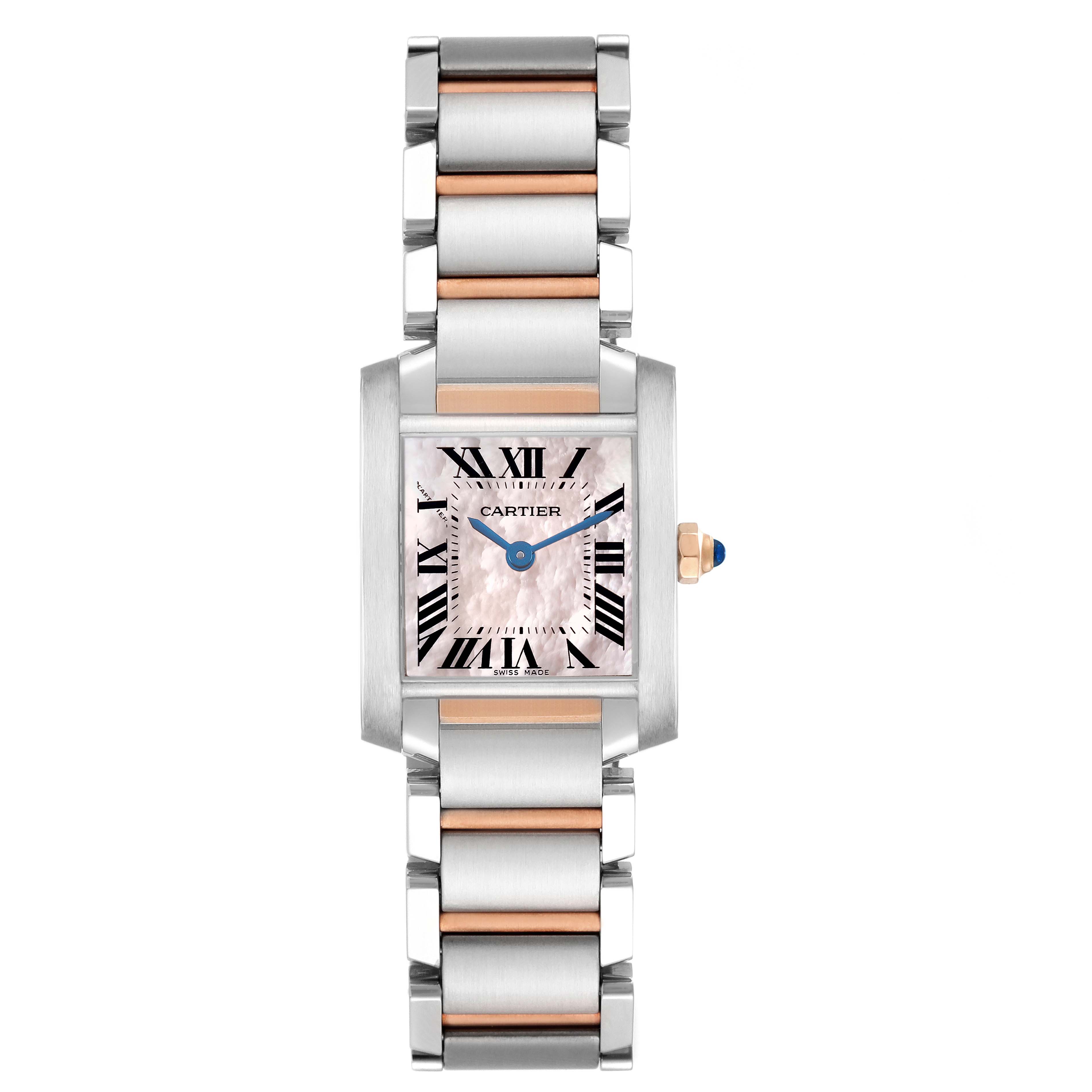 The Cartier Tank Française watch is shown from a front angle, highlighting its rectangular dial and two-tone bracelet.