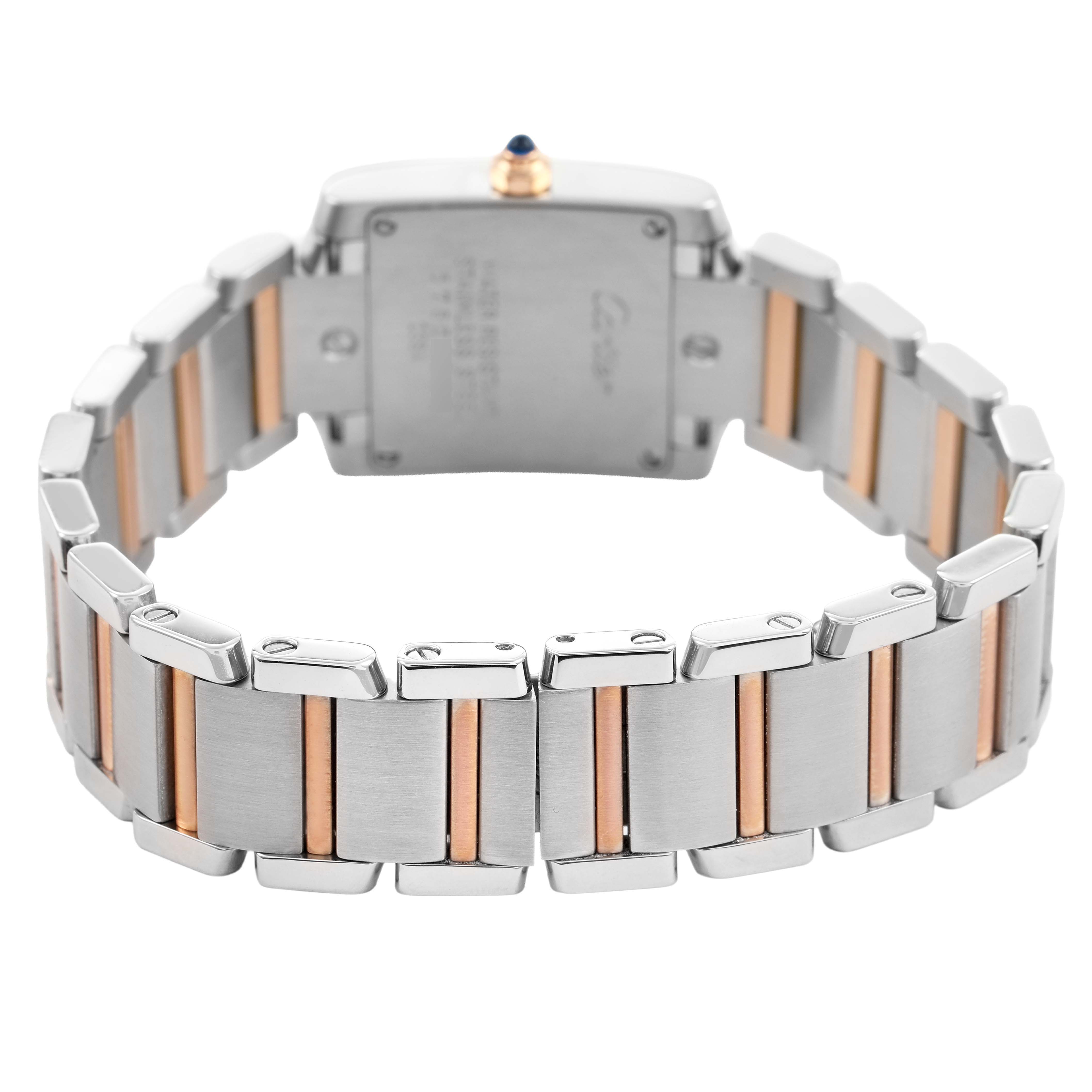 The image shows the back and bracelet of the Cartier Tank Francaise W51027Q4 Women's Steel and Gold (two tone) Pink Dial, highlighting its two-tone metal links and clasp.