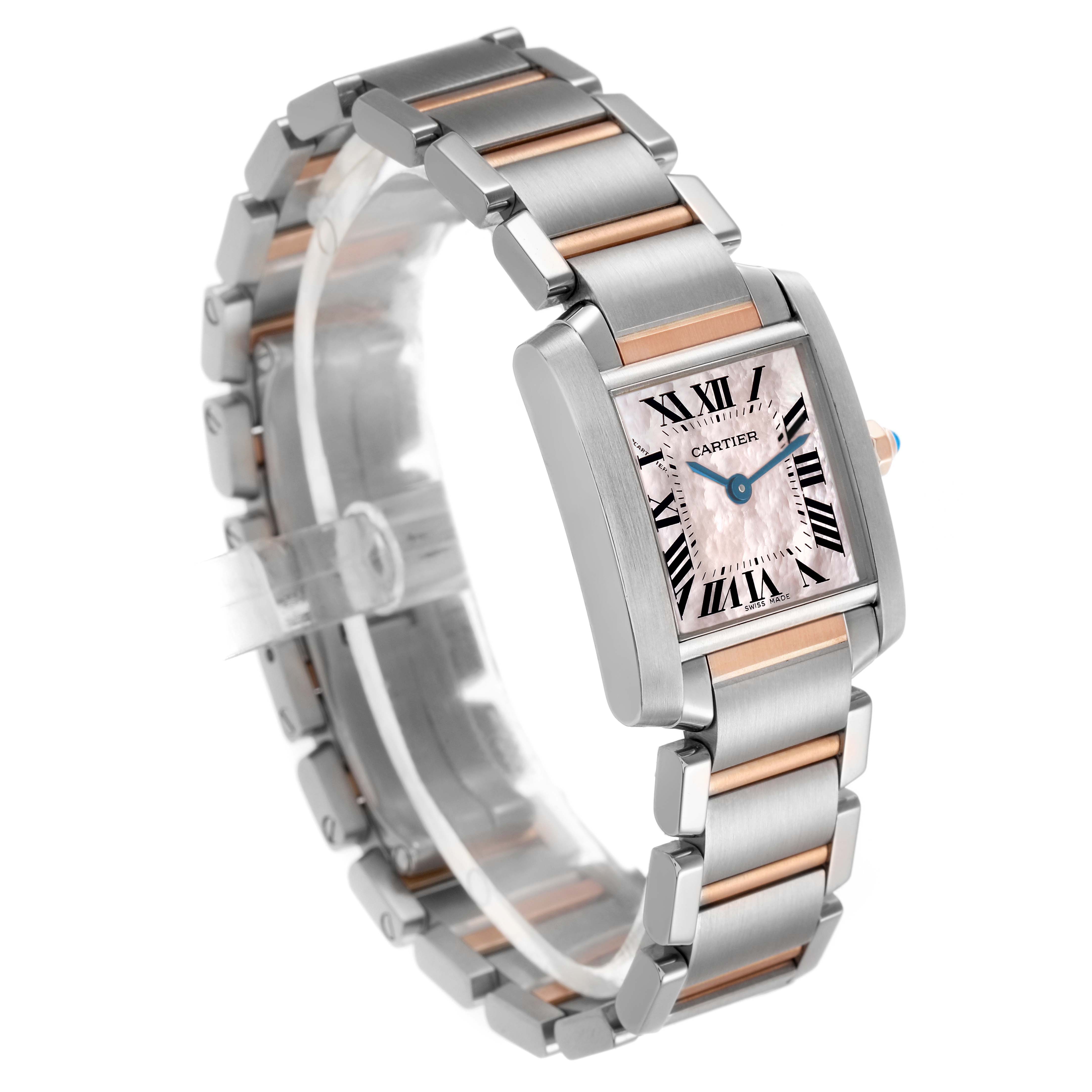 The Cartier Tank Francaise W51027Q4 Women's Steel and Gold (two tone) Pink Dial watch is shown at a three-quarter angle, displaying its face, bezel, and metal bracelet.