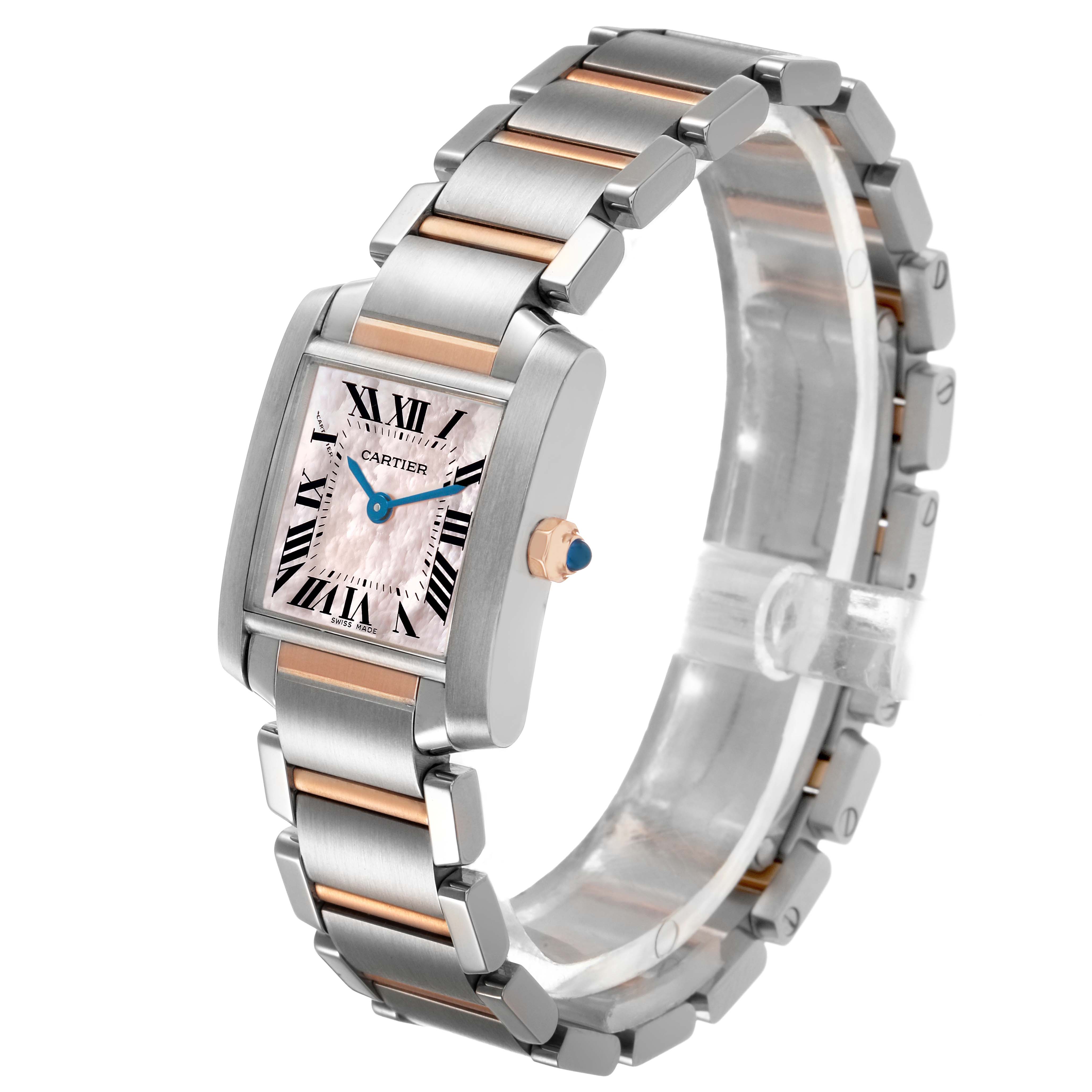 The Cartier Tank Française watch is shown at a three-quarter angle, displaying the face, bracelet, and crown.