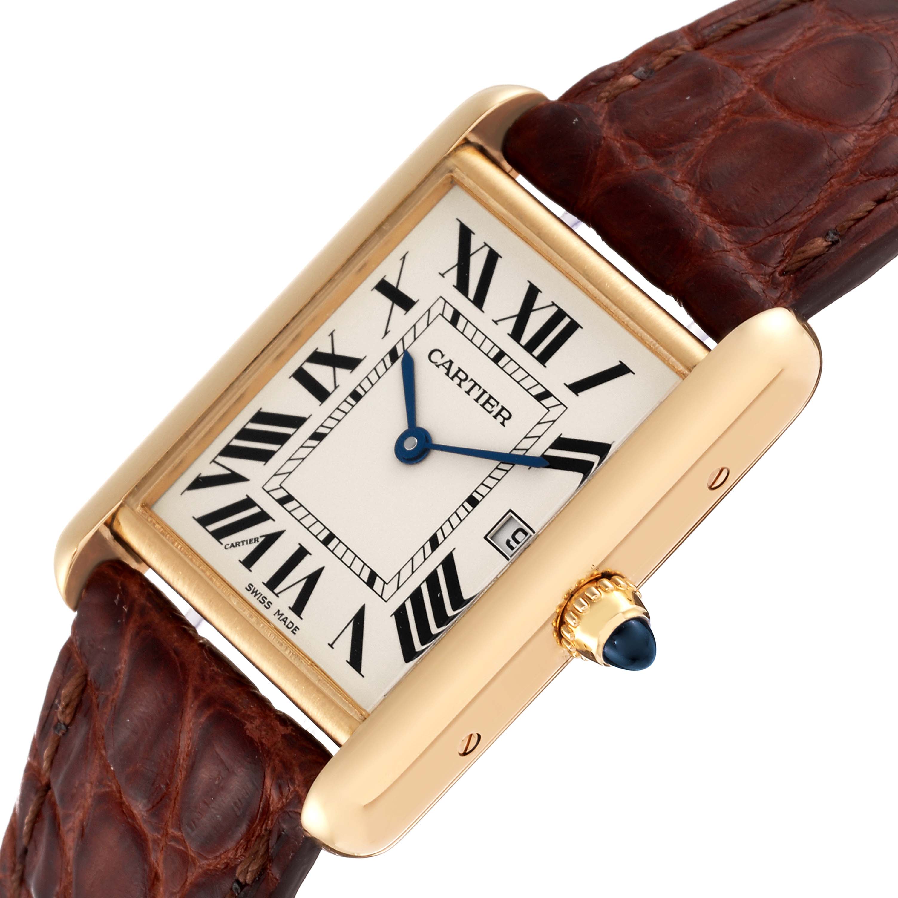 The image shows a Tank Louis Cartier watch at a slight angle, highlighting the rectangular face, leather strap, and blue hands.