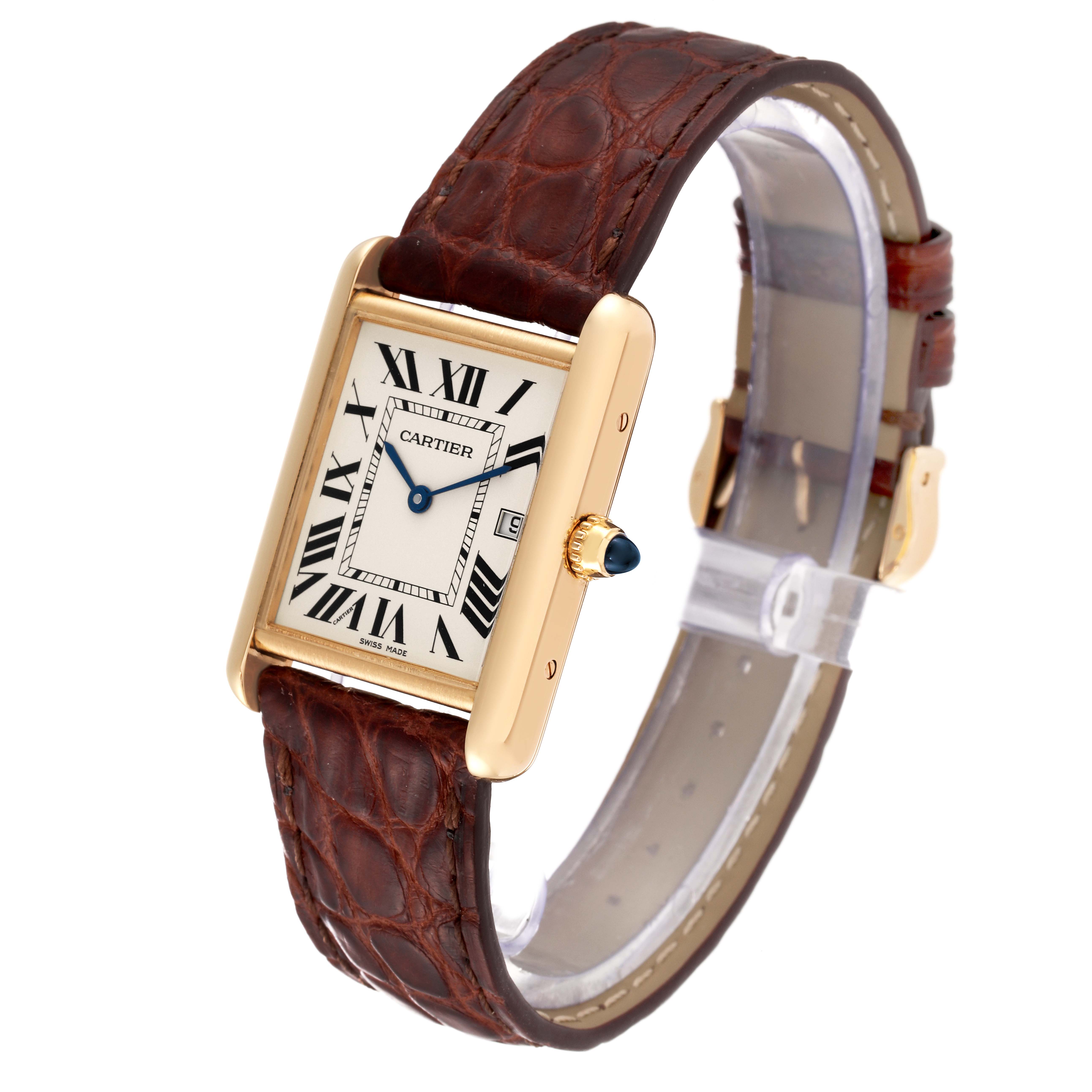 The image shows a Cartier Tank Louis W1529756 Men's Yellow Gold White Dial W1529756 Men's Yellow Gold White Dial watch at a slight angle, highlighting the dial, gold case, blue hands, and brown leather strap.
