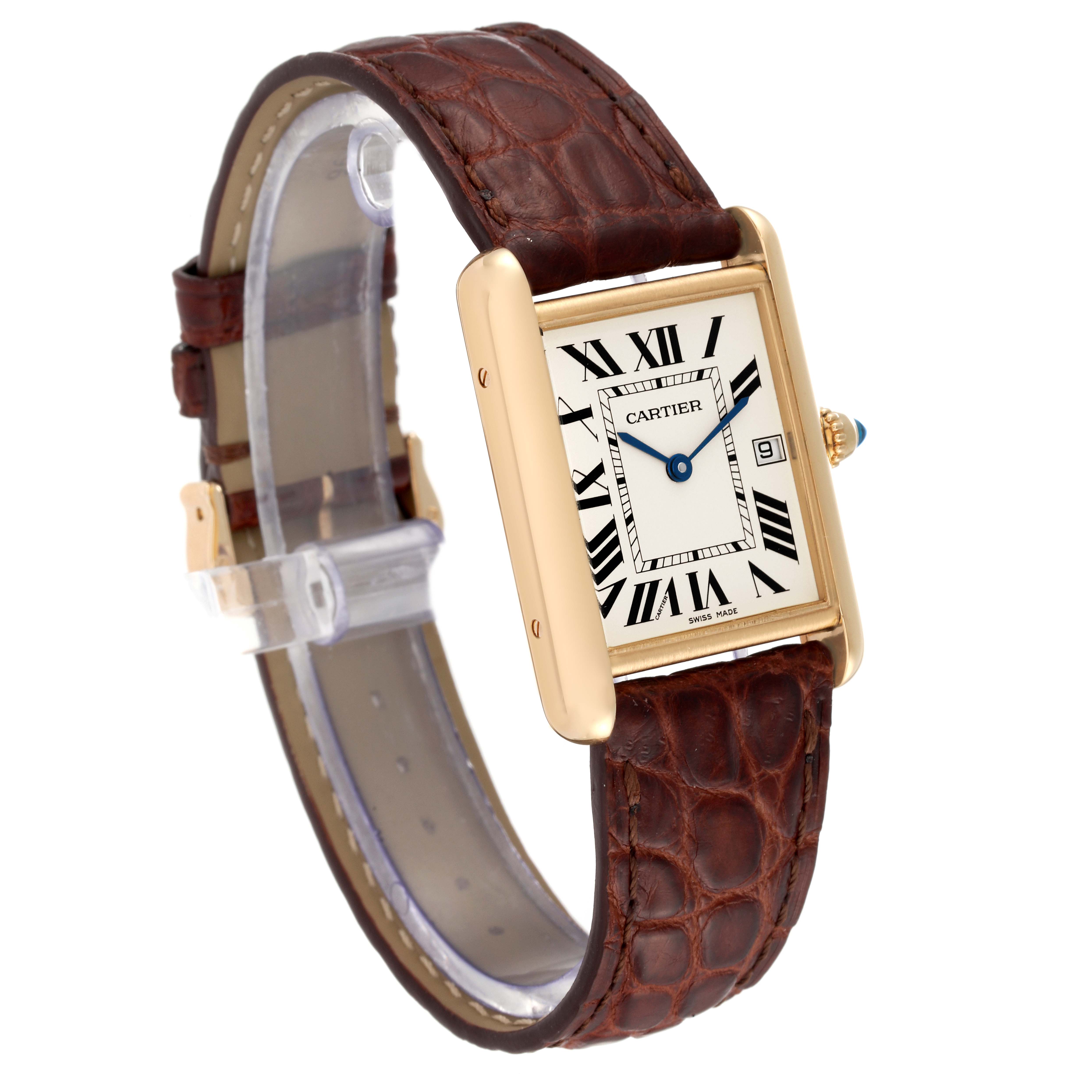 The image shows a Cartier Tank Louis W1529756 Men's Yellow Gold White Dial W1529756 Men's Yellow Gold White Dial watch at a 3/4 angle displaying the face, strap, crown, and a portion of the rear.