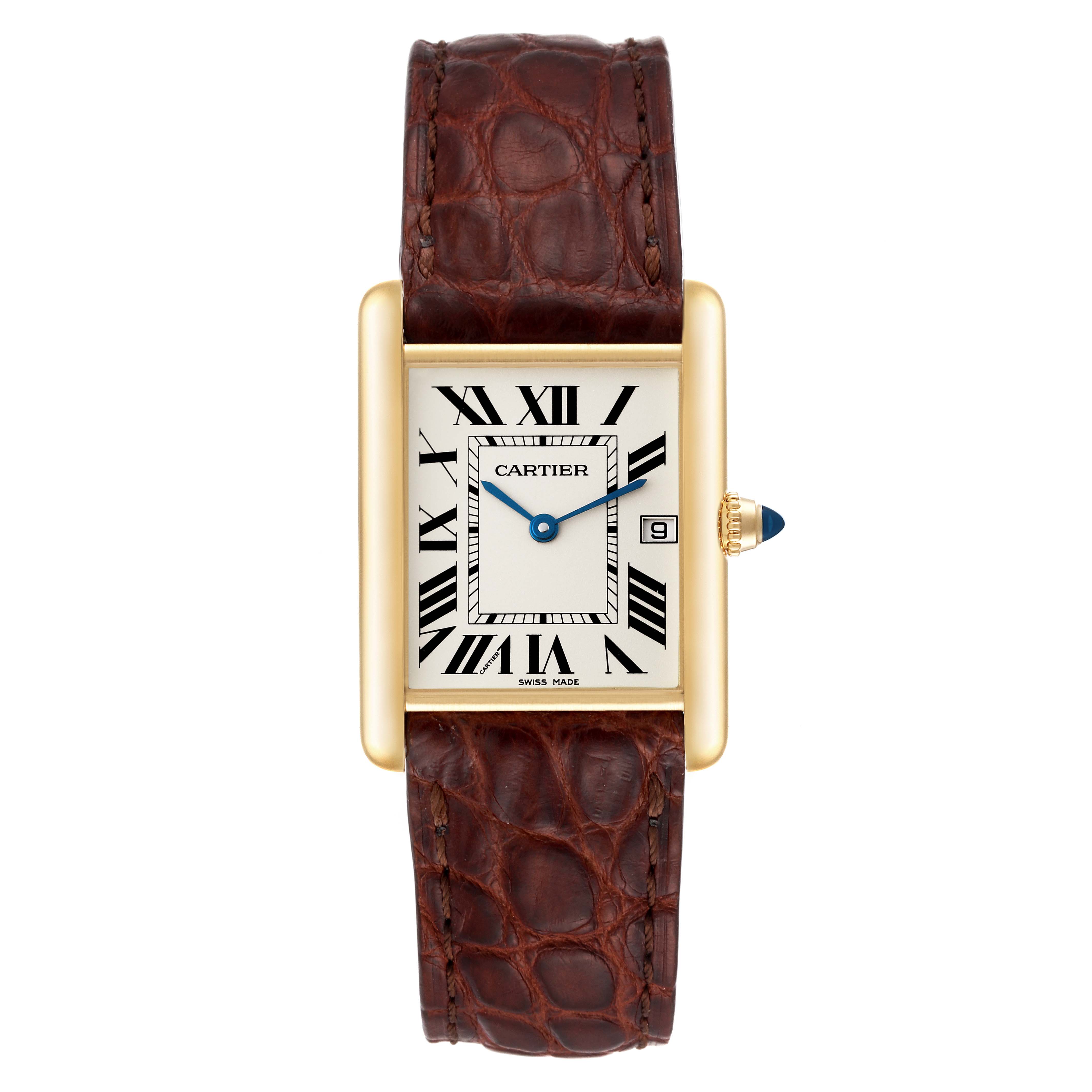 The image shows a Cartier Tank Louis W1529756 Men's Yellow Gold White Dial W1529756 Men's Yellow Gold White Dial watch from a top-down angle, highlighting its face, rectangular case, crown, and leather strap.