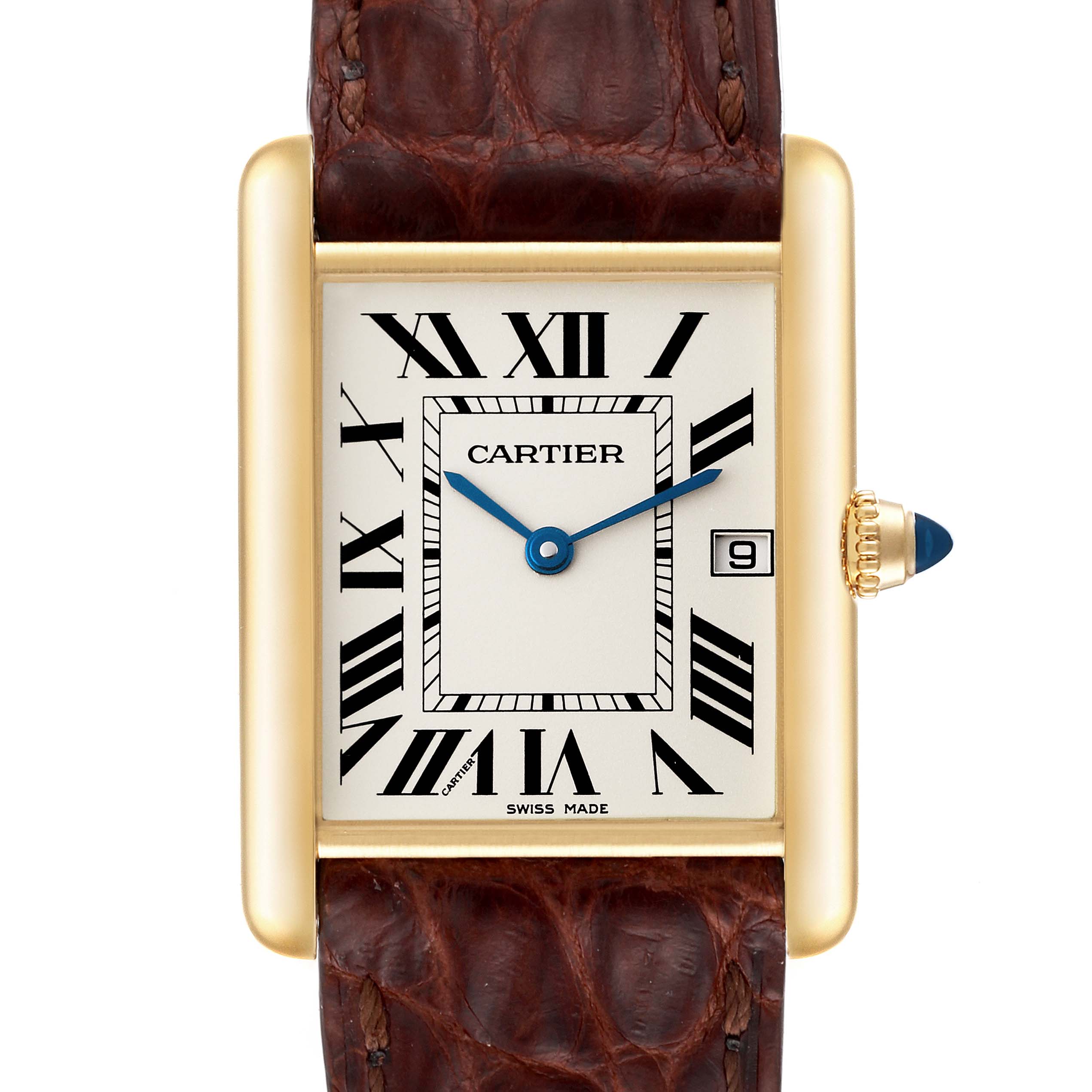 This image shows a front view of the Cartier Tank Louis W1529756 Men's Yellow Gold White Dial W1529756 Men's Yellow Gold White Dial watch, highlighting the dial, crown, and leather strap.