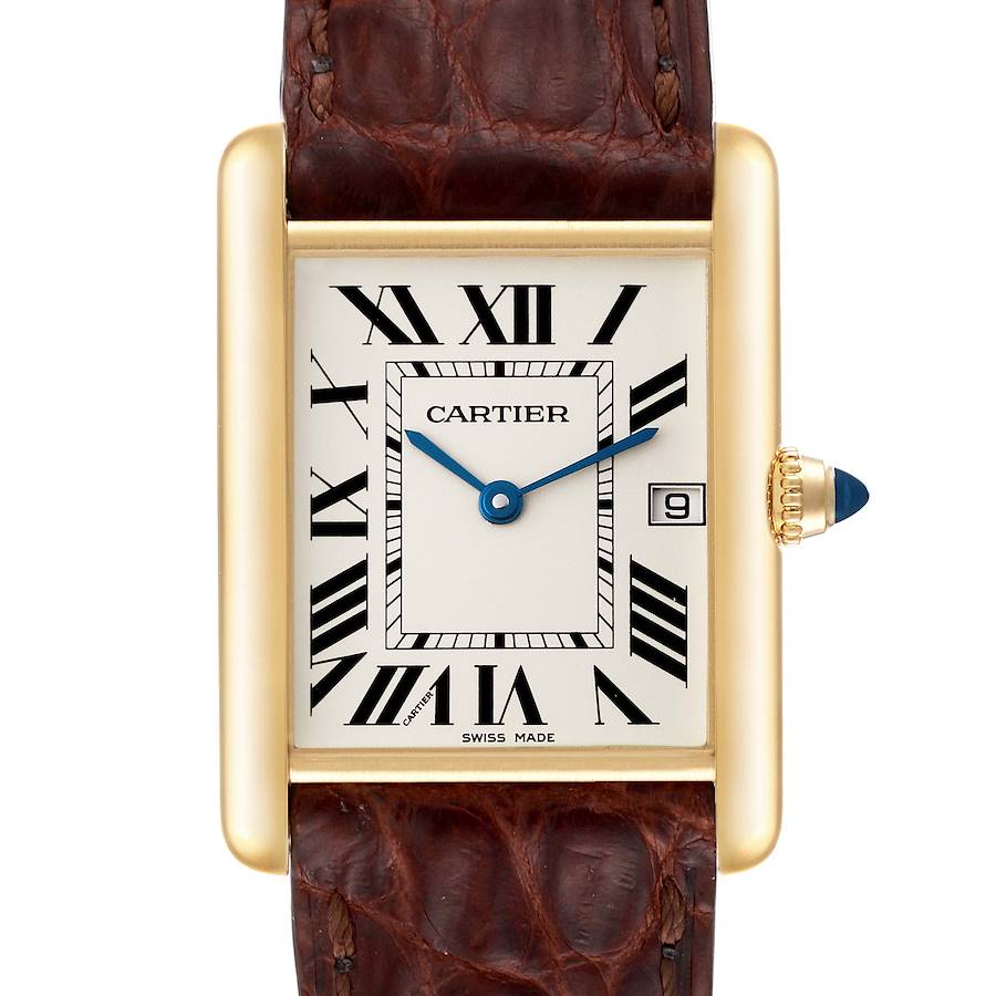 Cartier Tank Louis 18K Yellow Gold Brown Strap Mens Watch W1529756 Papers SwissWatchExpo