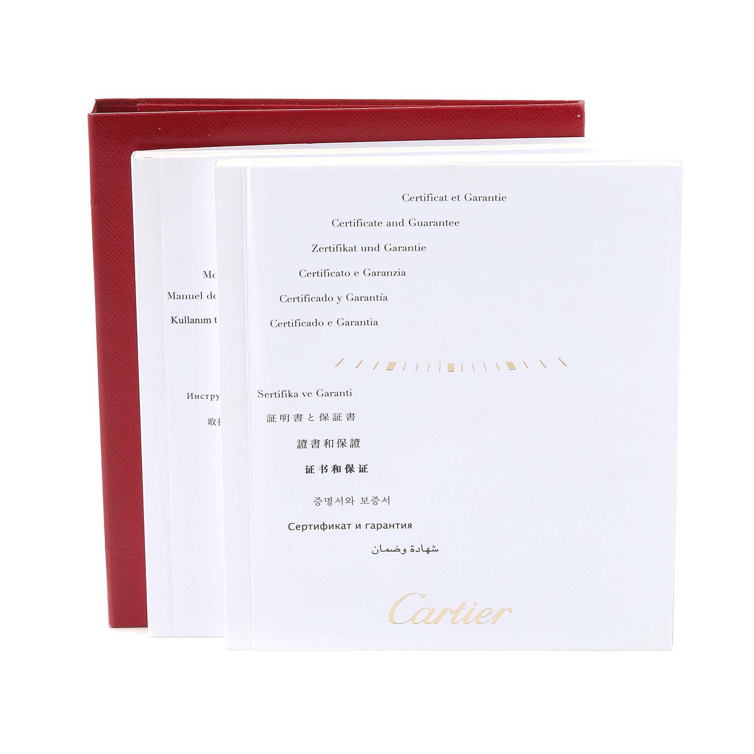 The image shows the warranty and instruction booklets for the Tank Louis model by Cartier, along with a red cover.