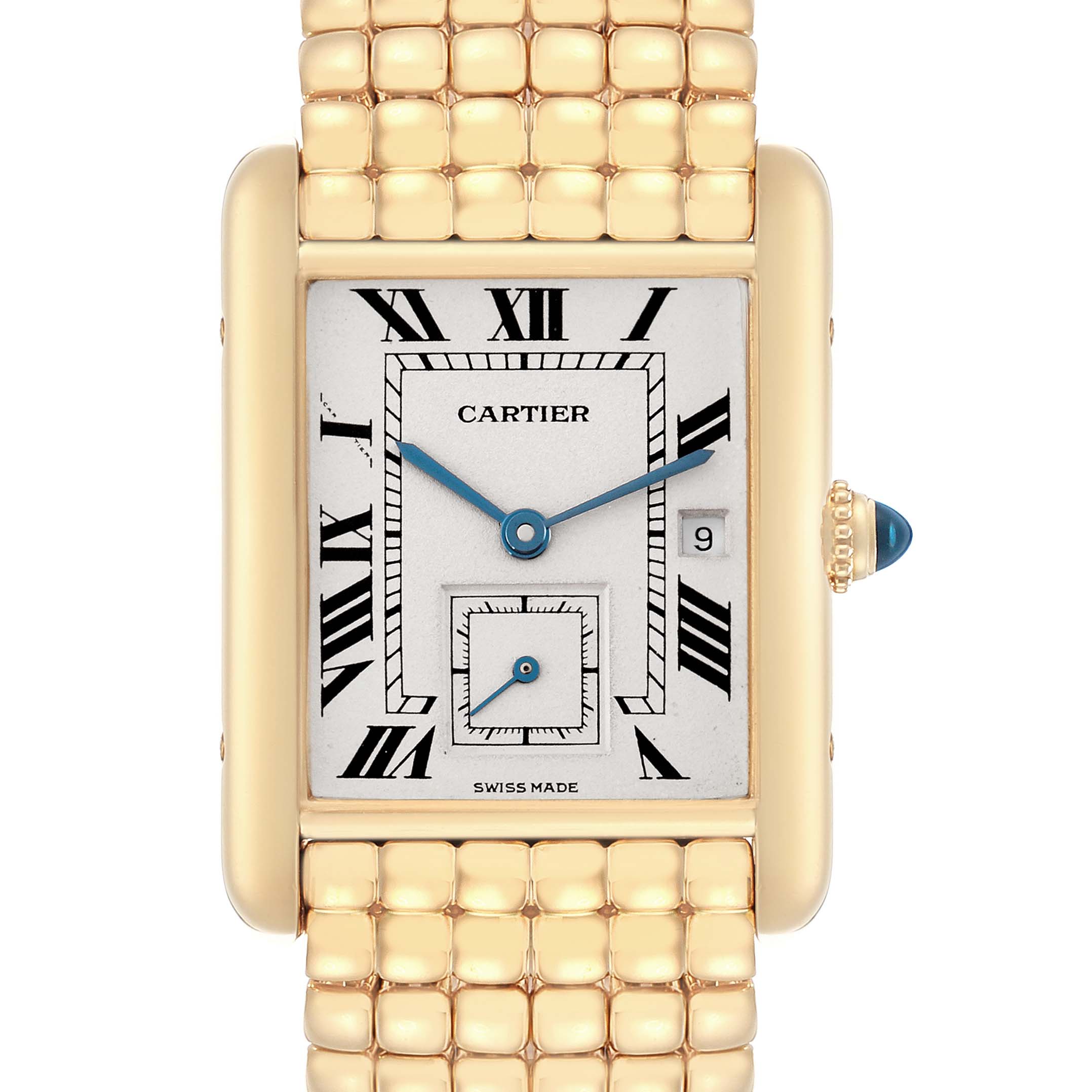 The Cartier Tank Louis 8110 Women
s Yellow Gold White Dial 8110 Women
s Yellow Gold White Dial model watch is shown from a front angle, highlighting its rectangular face, Roman numeral dial, and gold bracelet.