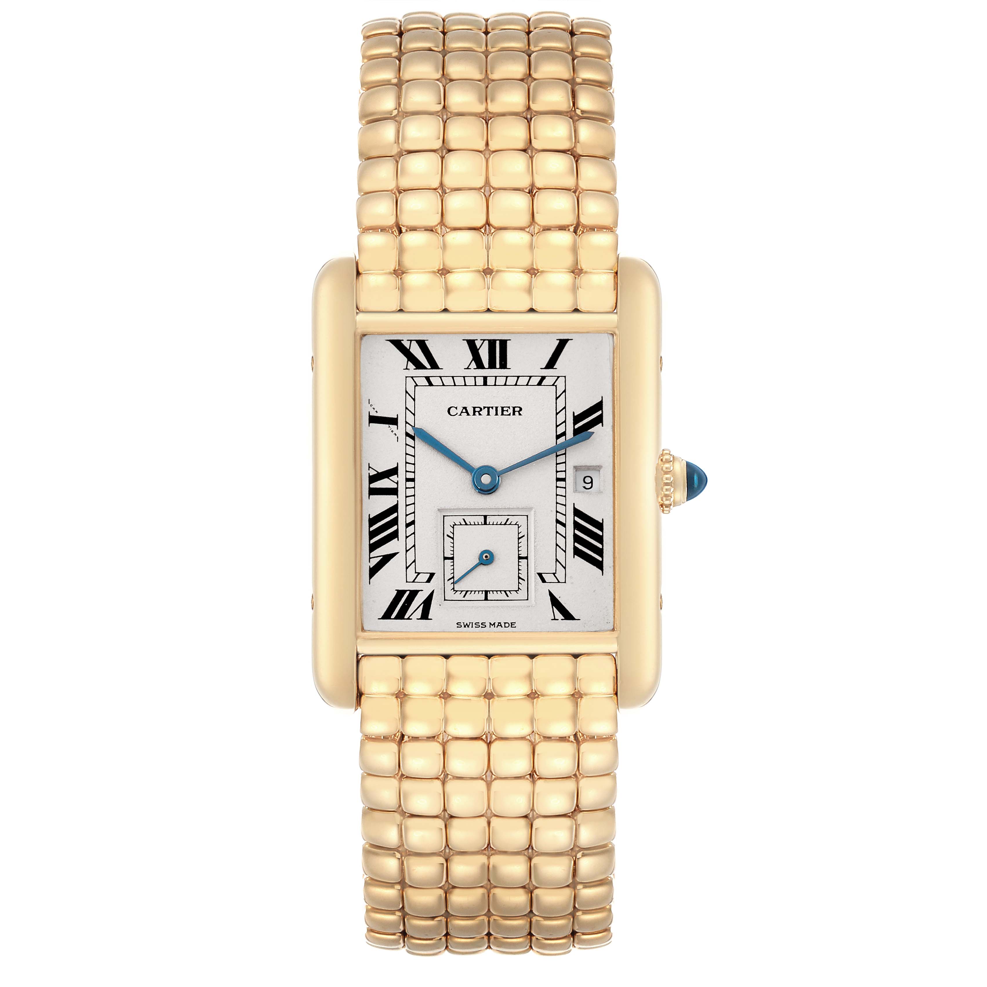 The Cartier Tank Louis 8110 Women
s Yellow Gold White Dial 8110 Women
s Yellow Gold White Dial watch is shown from a front angle, displaying its face, gold bracelet, and side crown.