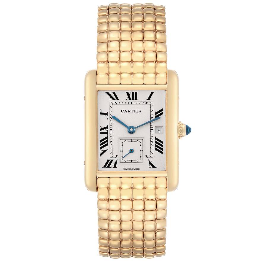 The Cartier Tank Louis 8110 Women's Yellow Gold White Dial 8110 Women's Yellow Gold White Dial watch is shown from a front angle, displaying its face, gold bracelet, and side crown.