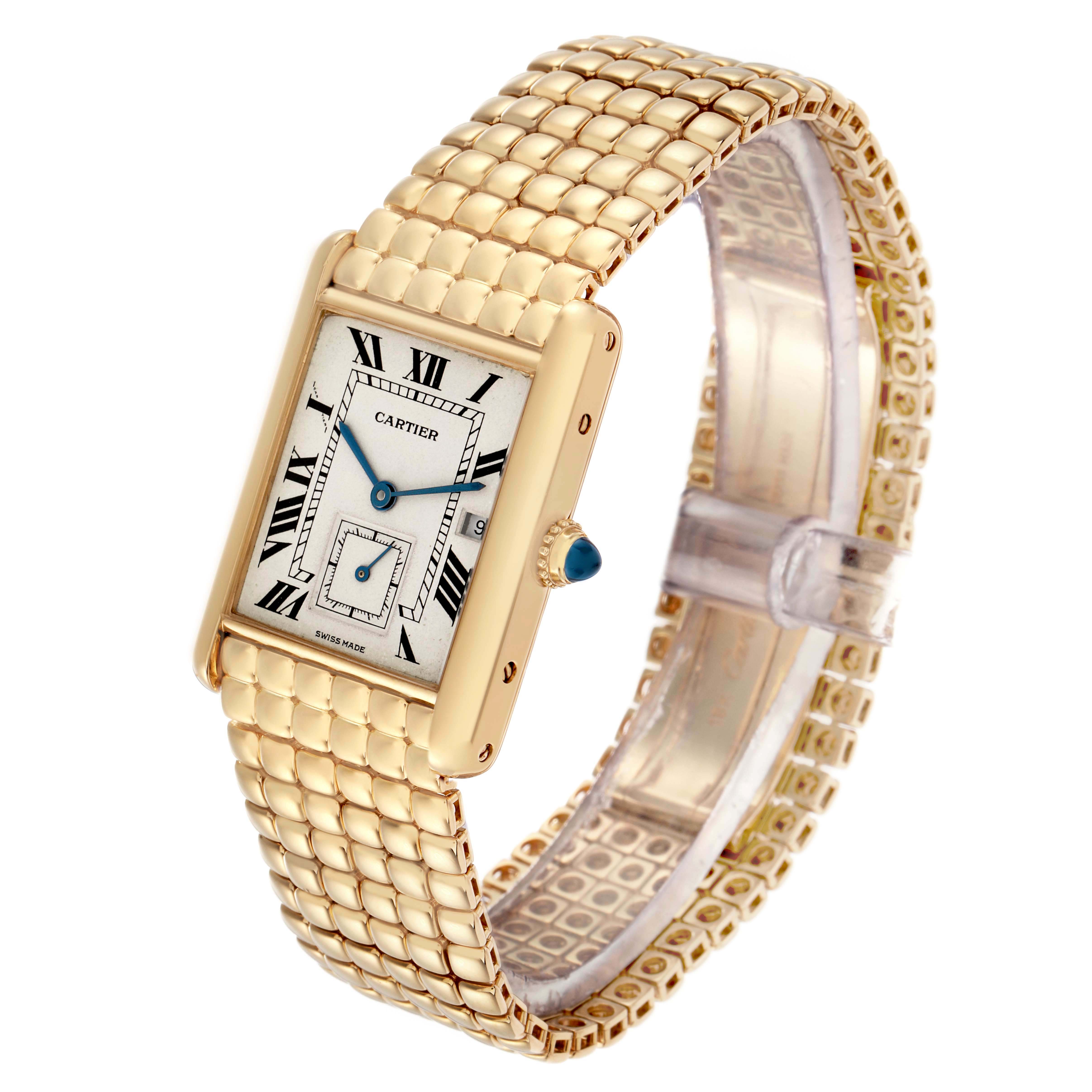 The Cartier Tank Louis 8110 Women
s Yellow Gold White Dial 8110 Women
s Yellow Gold White Dial watch is shown at a three-quarter angle, highlighting the rectangular face, blue hands, and gold bracelet.