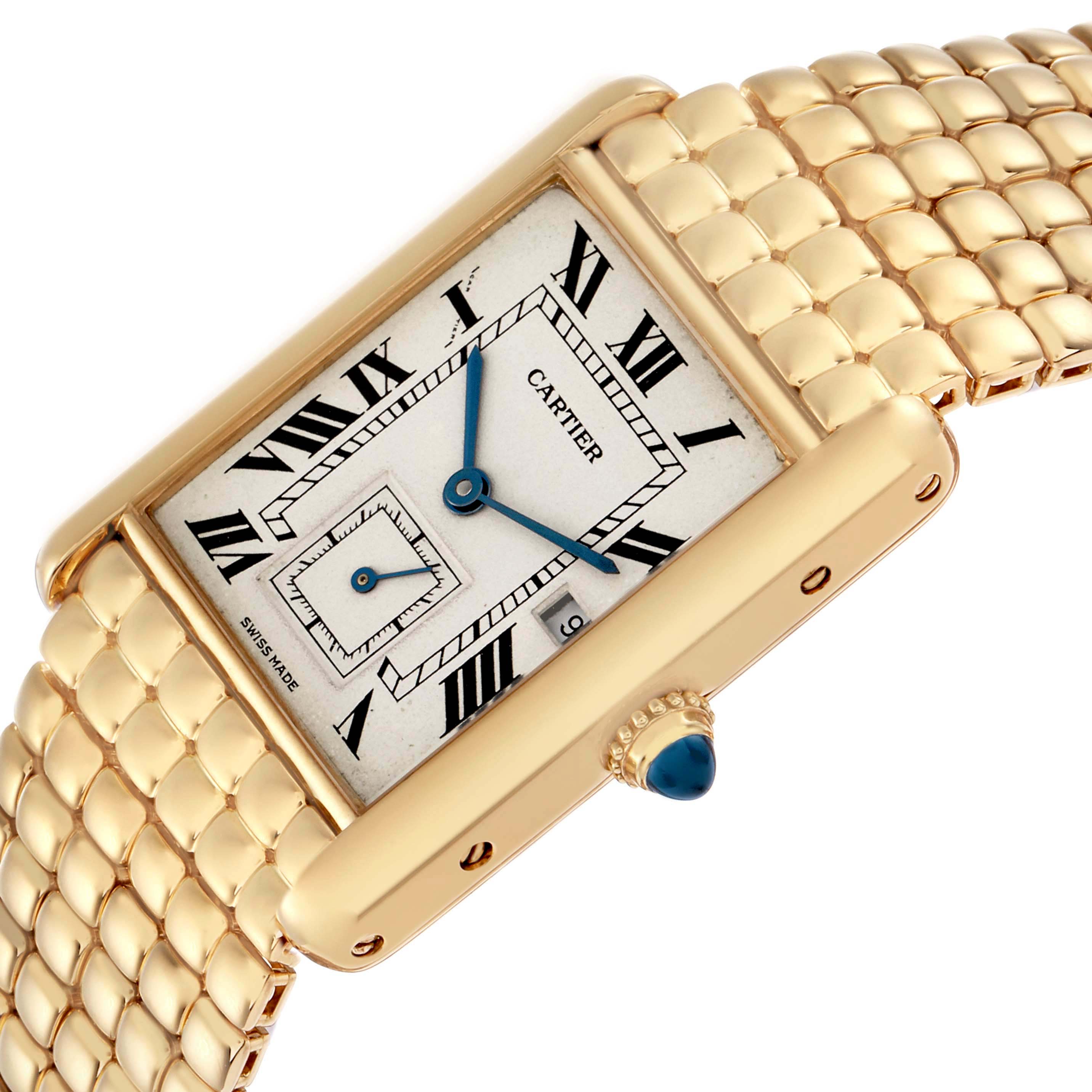 The Cartier Tank Louis 8110 Women
s Yellow Gold White Dial 8110 Women
s Yellow Gold White Dial watch is shown at an angle displaying the face, case, crown, and part of the gold bracelet.